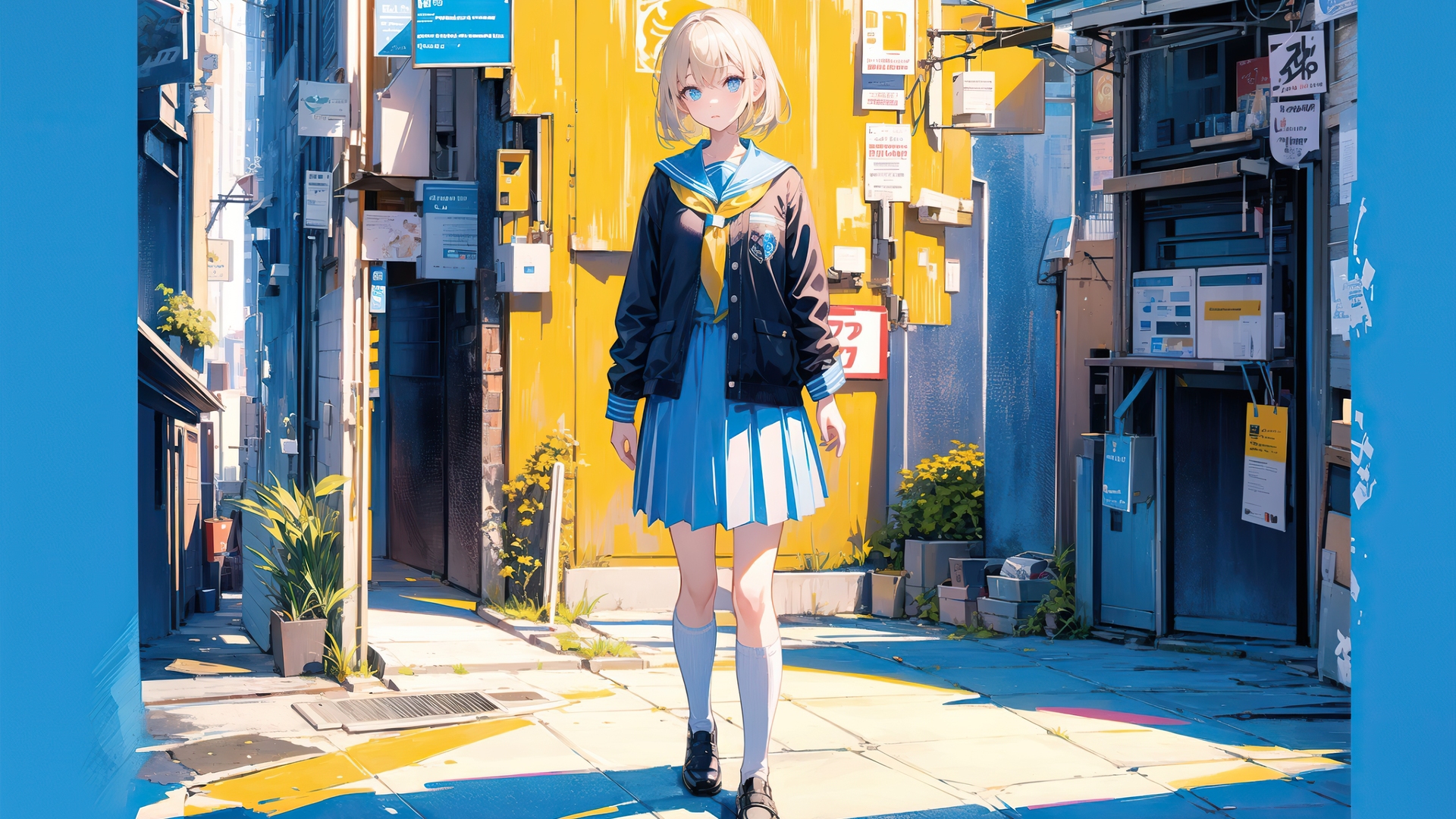 女学生 金发 蓝眼睛 动漫女孩 动漫 AI艺术 校服 街头 人工智能艺术 电脑 壁纸 3840×2400