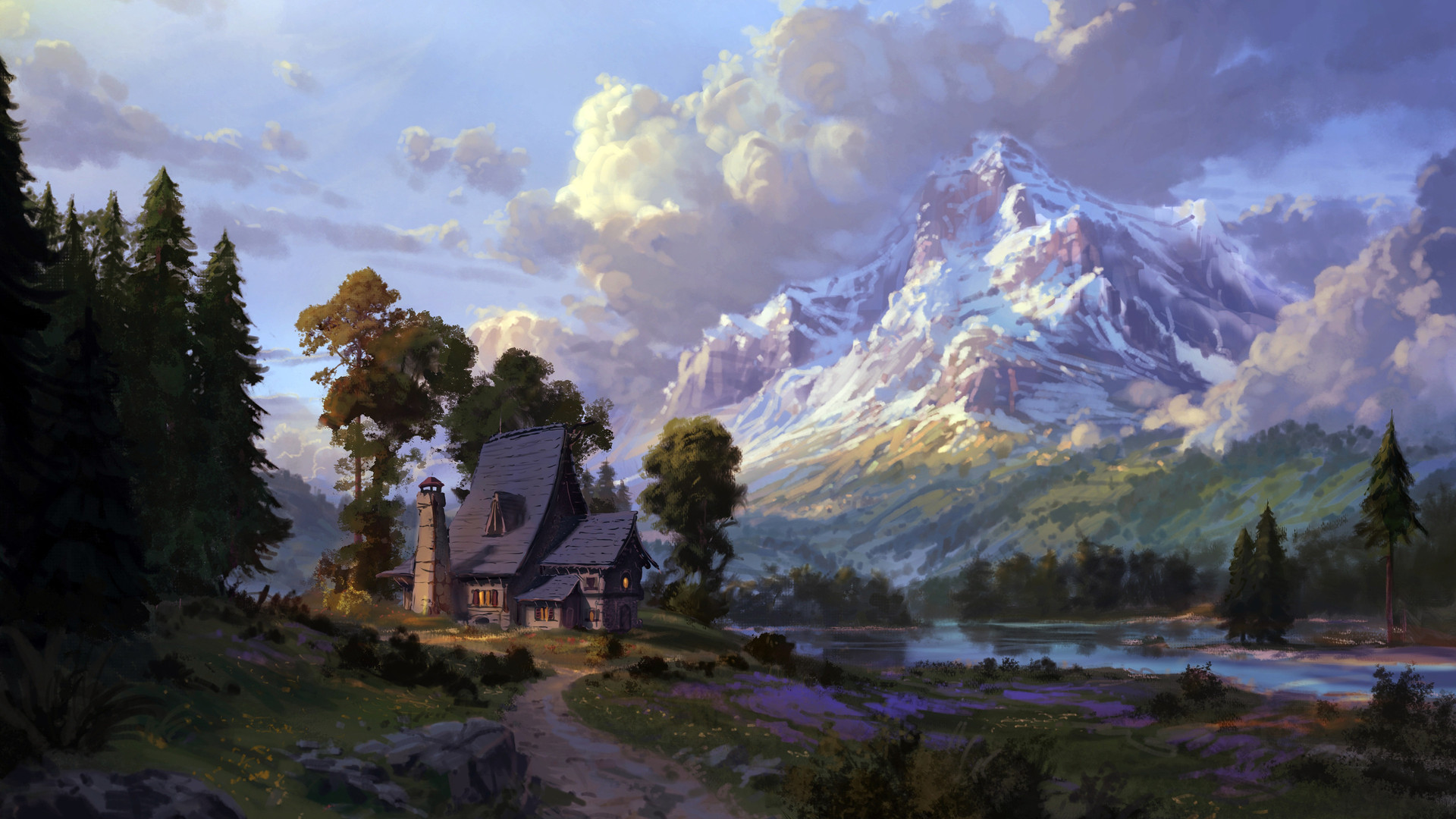 热门AI艺术 自然 树木 房屋 山 云 电脑 高清壁纸 3840×2400