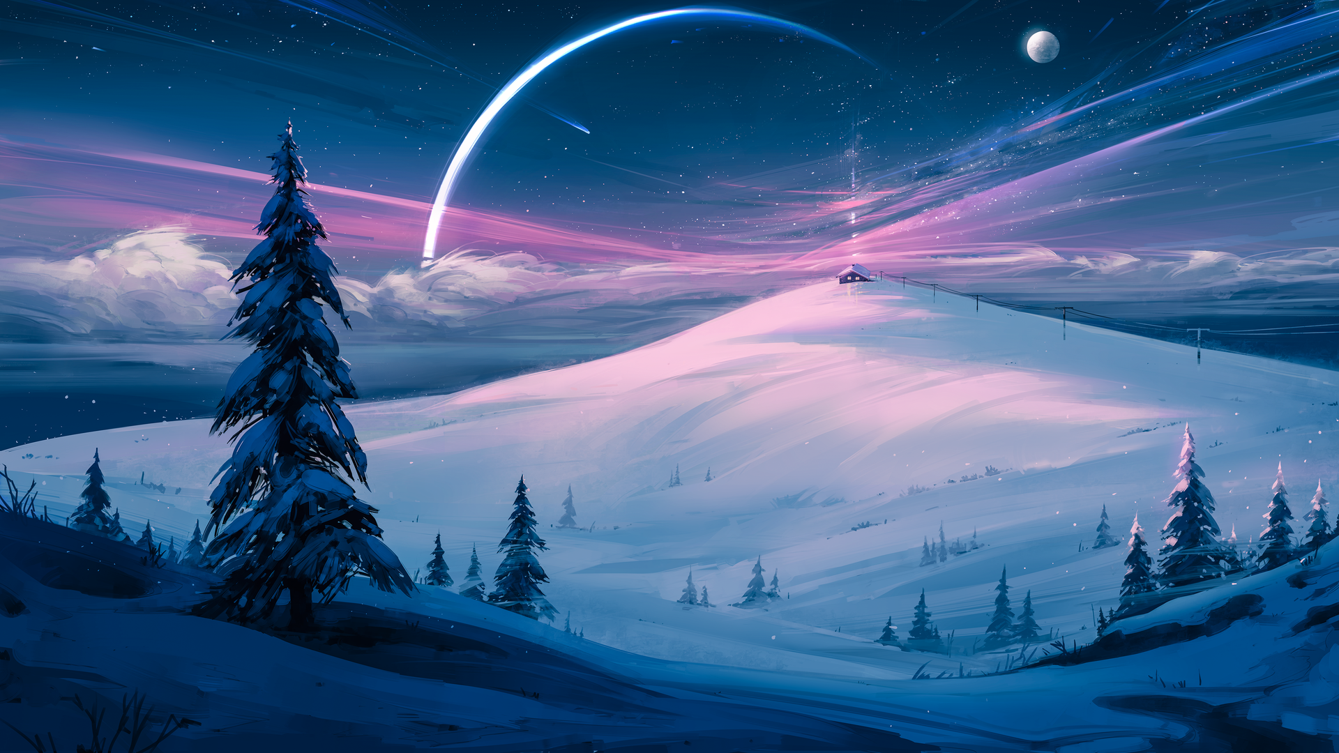 超清AI艺术 风景 雪 冬天 自然 山 云 树 星 星夜 天空 月亮 电脑 无水印壁纸 3840×2160