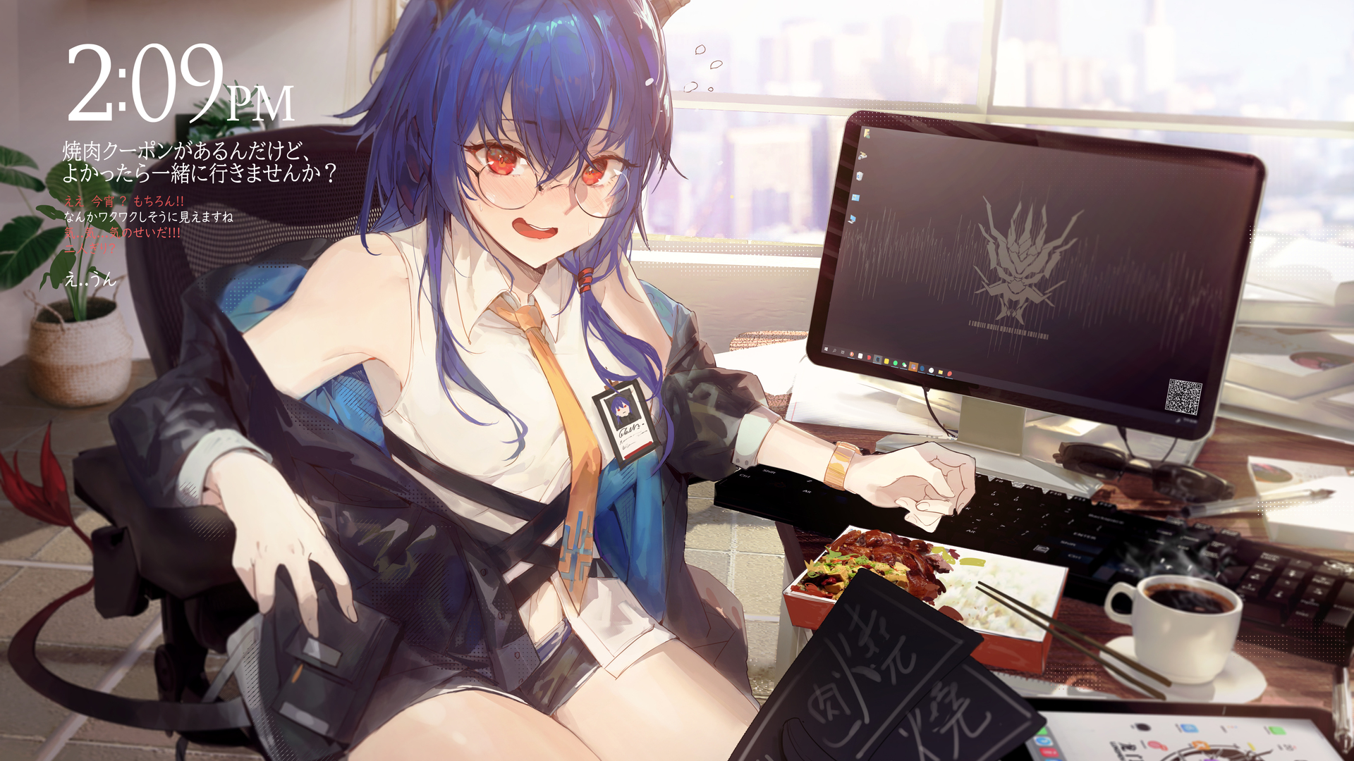 热门红眼睛 蓝头发 动漫 动漫女孩 电脑 4K壁纸 6000×3590