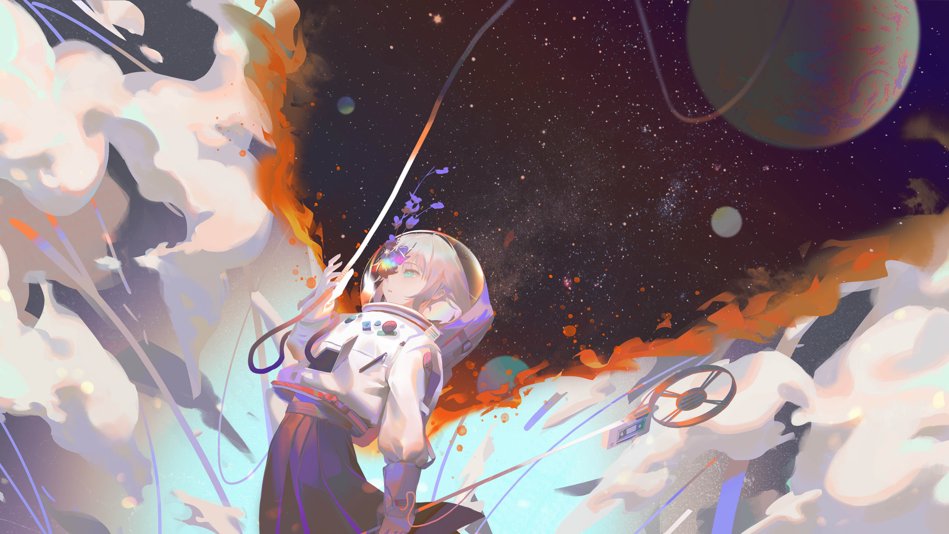 高清金发 短发 原创人物 动漫 动漫女孩 太空 宇航服 星星 电脑 桌面壁纸 8192×4320