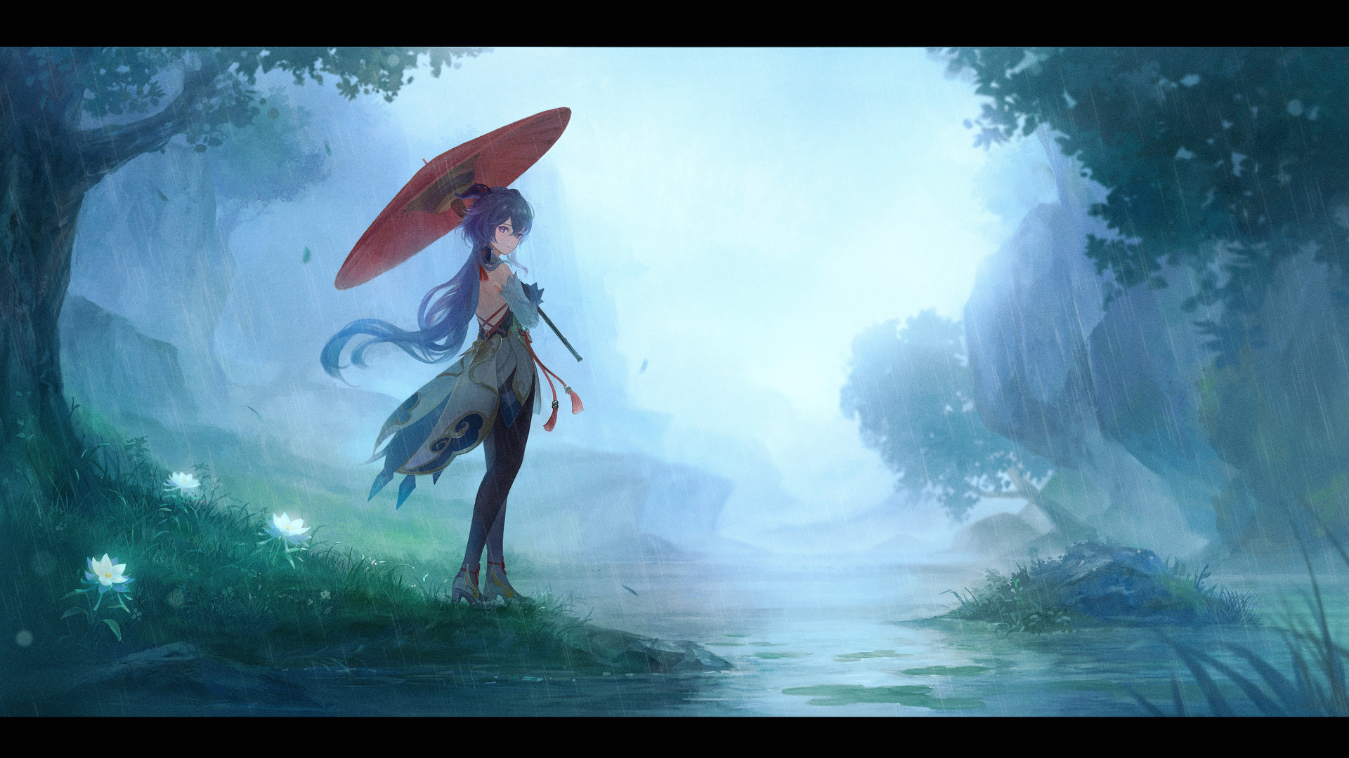 原神 动漫 动漫女孩 伞 雨 河 花 裤袜 紧身衣 电脑 4K高清壁纸 4095×2302