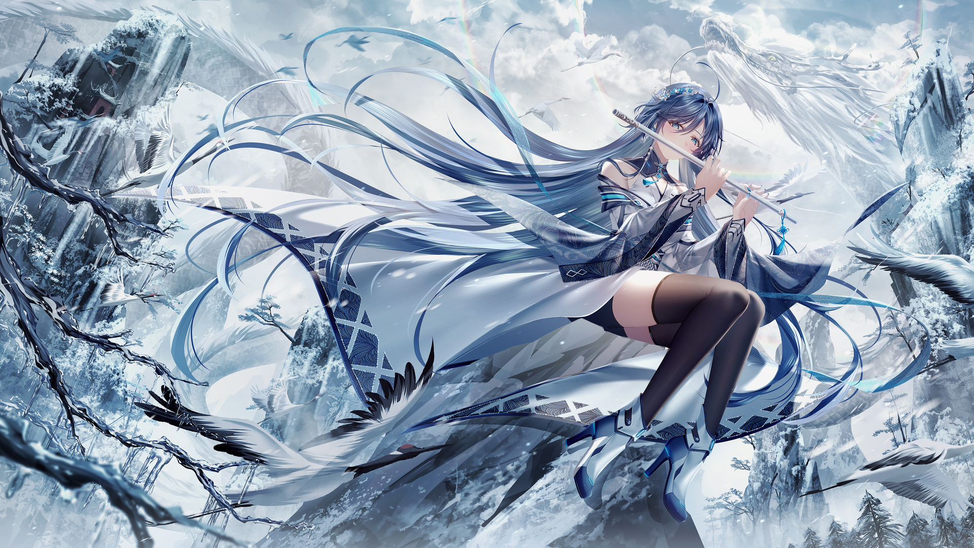 长发 动漫女孩 中国服装 龙 鸟 长笛 电脑 4K高清壁纸 3840×2160