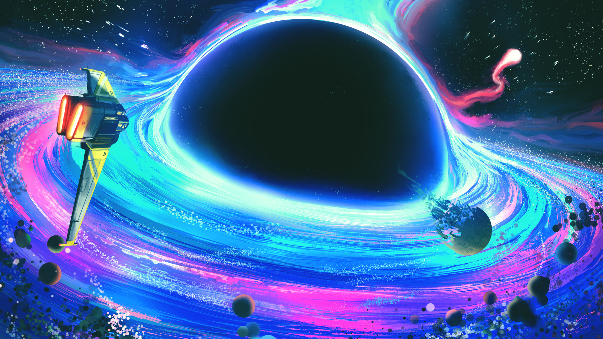 绝美伽利 恒星 黑洞 宇宙飞船 蓝色 科幻 电脑 壁纸 3840×2160