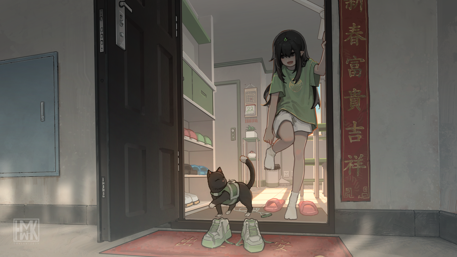 热门单腿站立 动漫 动漫女孩 猫 鞋子 袜子 电脑 手机壁纸 5189×2919