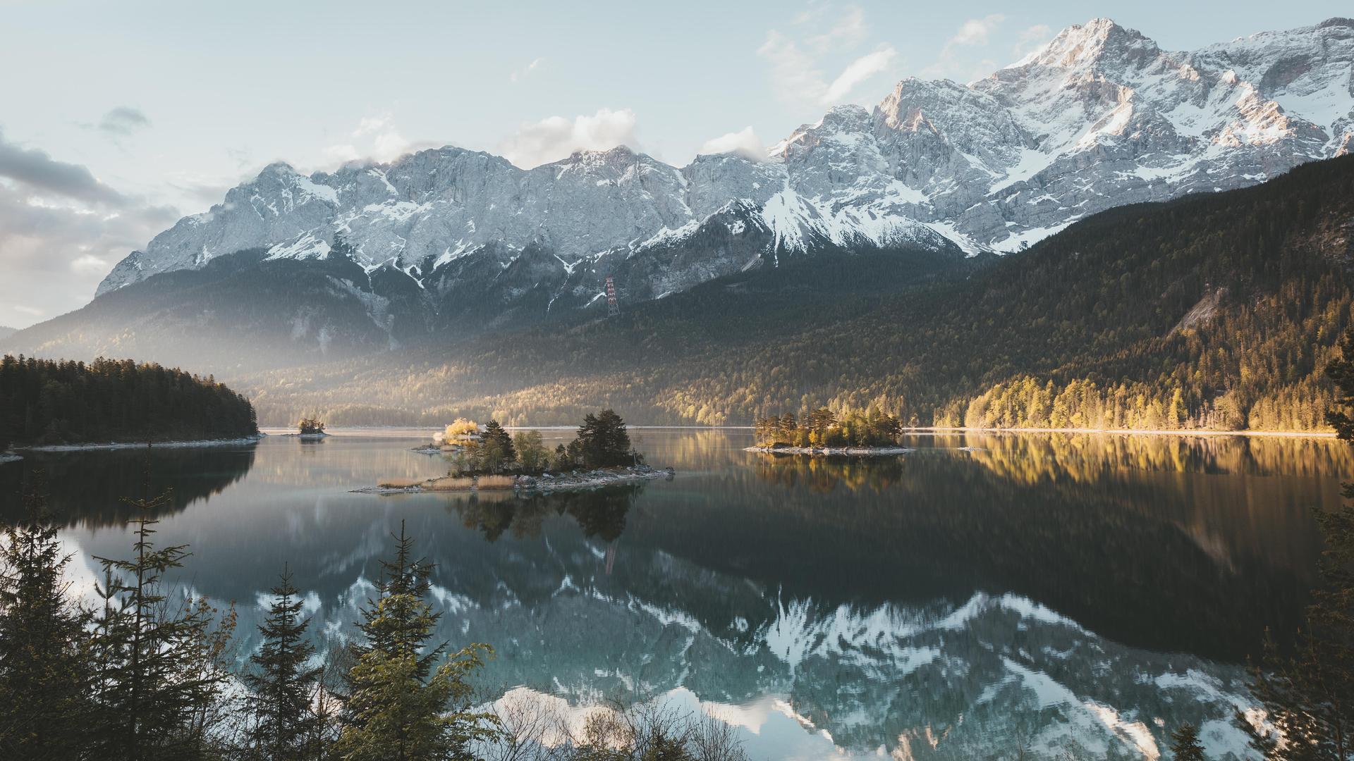 热门风景 艾比西湖 湖泊 山脉 森林 自然 雪 日落 巴伐利亚 反射 电脑 高清壁纸 6648×4155
