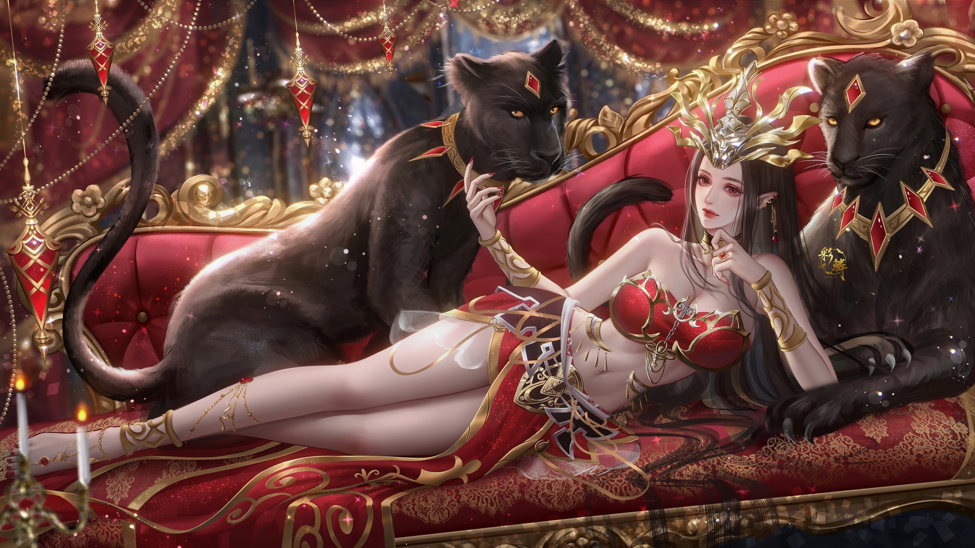黑豹 红眼睛 动漫女孩 动物 蜡烛 电脑 桌面壁纸 4096×2302