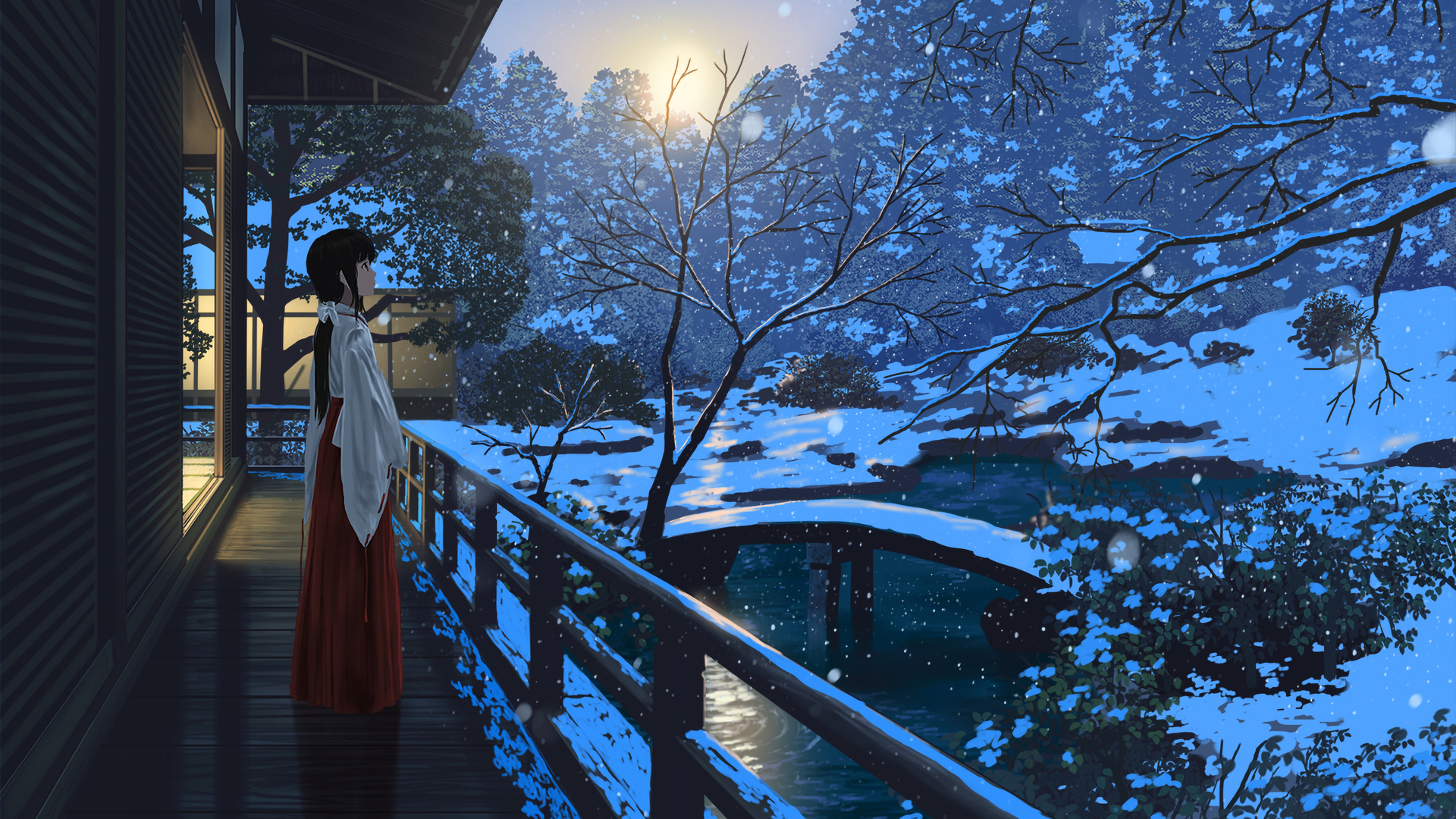 绚丽长发 动漫女孩 和服 独自 户外 桥梁 木屋 树木 下雪 电脑 壁纸 3840×2160