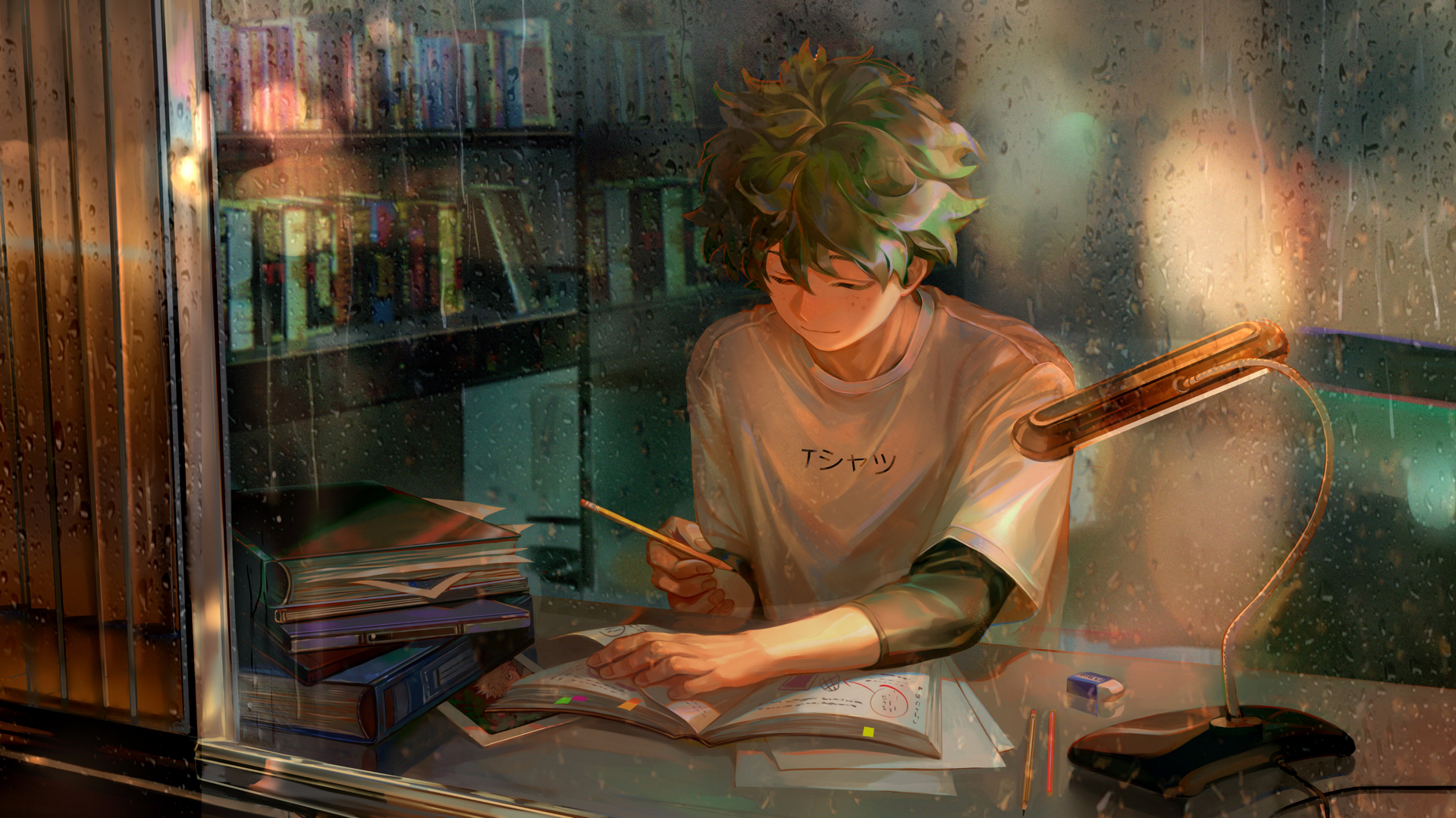 闭着的眼睛 动漫 动漫男孩 白衬衫 铅笔 书籍 橡皮擦 雨 窗户 玻璃 玻璃上的水 电脑 高清壁纸 3840×2160
