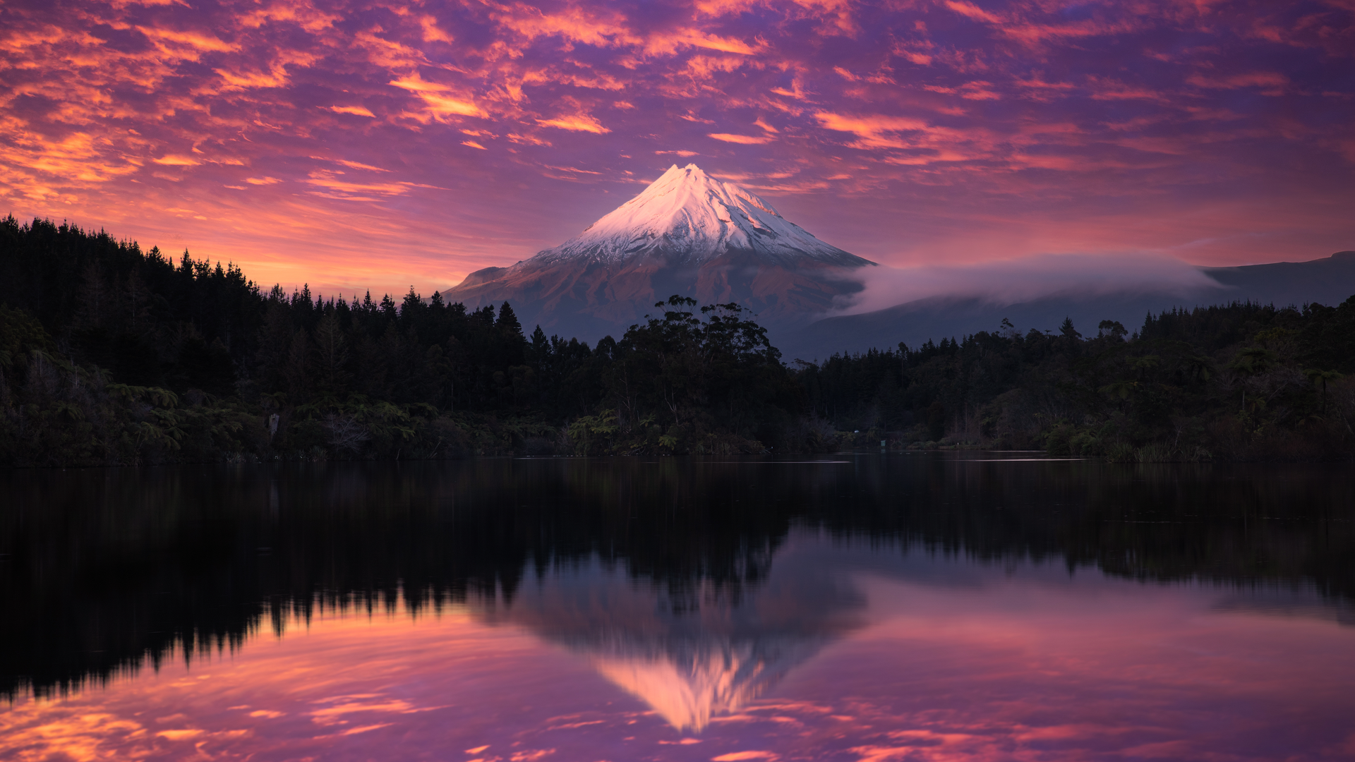 高清新西兰塔拉纳基山 山峰 日落 森林 树木 湖泊 电脑 壁纸 5120×2880