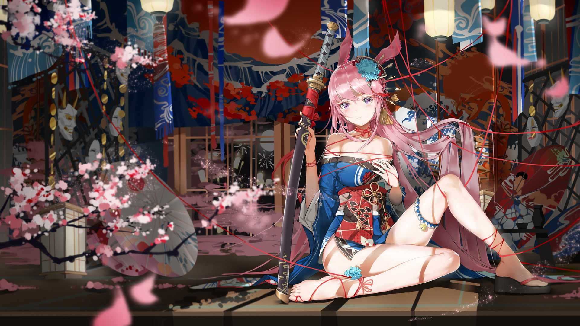 超清动漫女孩 原神 武士 花瓣 和服 樱花 兽耳 狐狸少女 服装 电脑 高清壁纸 5760×3240