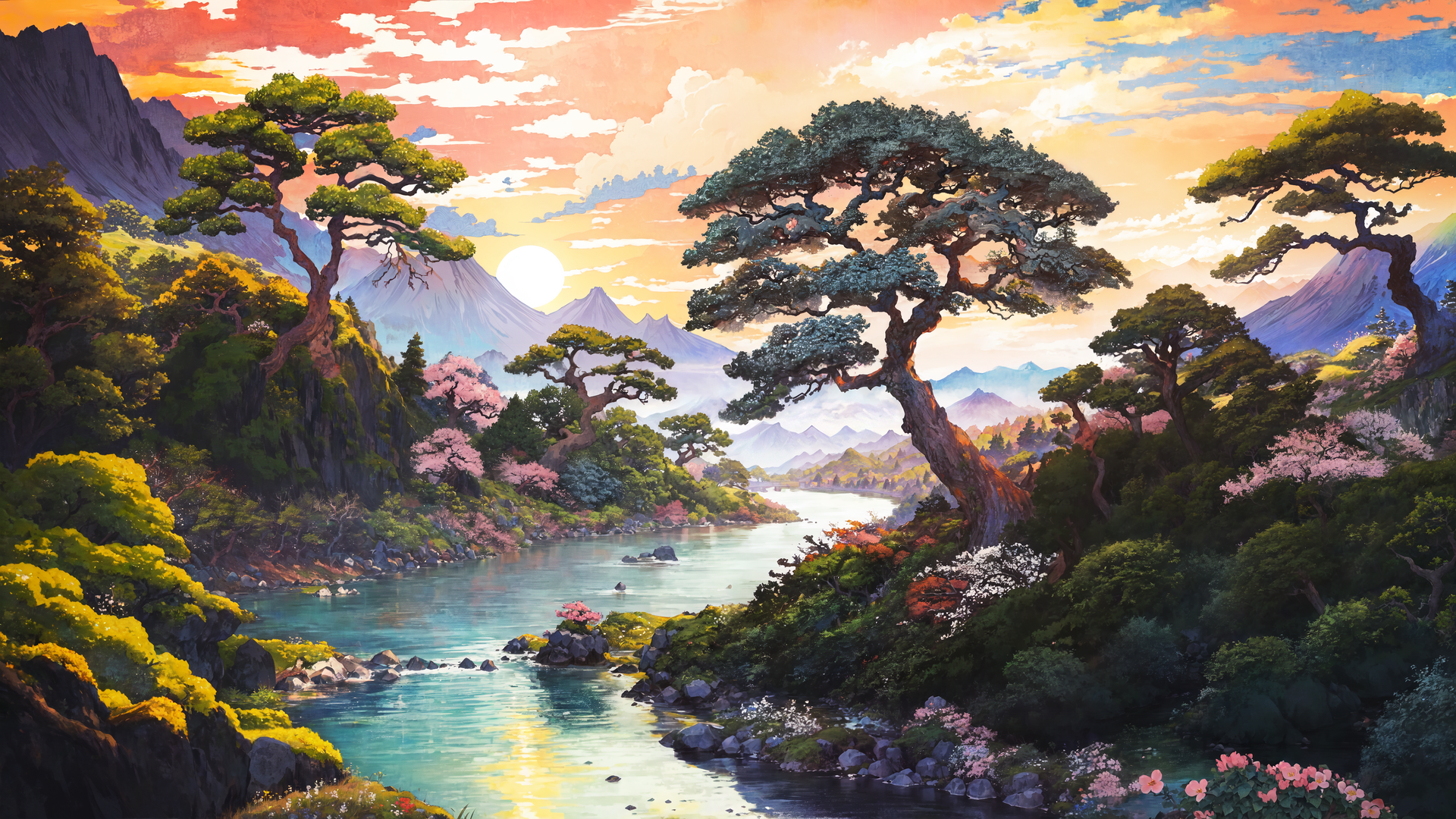 自然 艺术 风景 河流 树木 森林 太阳 山脉 云 岩石 电脑 4K壁纸 3840×2160