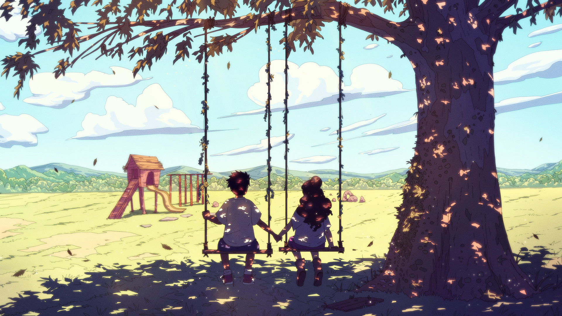 儿童 手牵手 AI艺术 奇幻艺术 秋千 树木 云 自然 电脑 壁纸 3840×2160