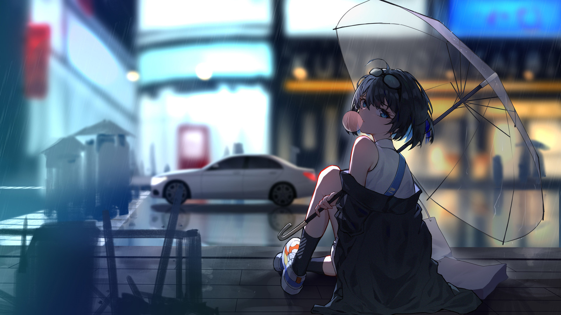 精选短发 蓝眼睛 城市 雨 黑发 动漫女孩 电脑 高清壁纸 3840×2160