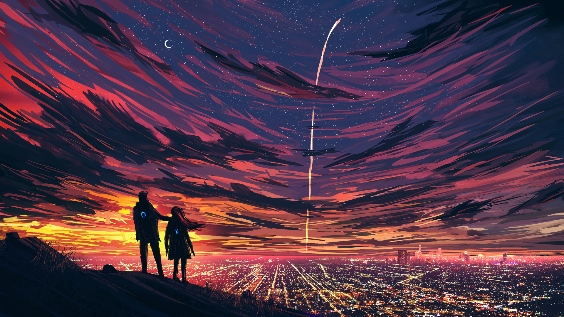 情侣 插图 AI艺术 抽象 城市景观 行星 云 夜 夜景 城市灯光 月亮 电脑 4K高清壁纸 3840×2160