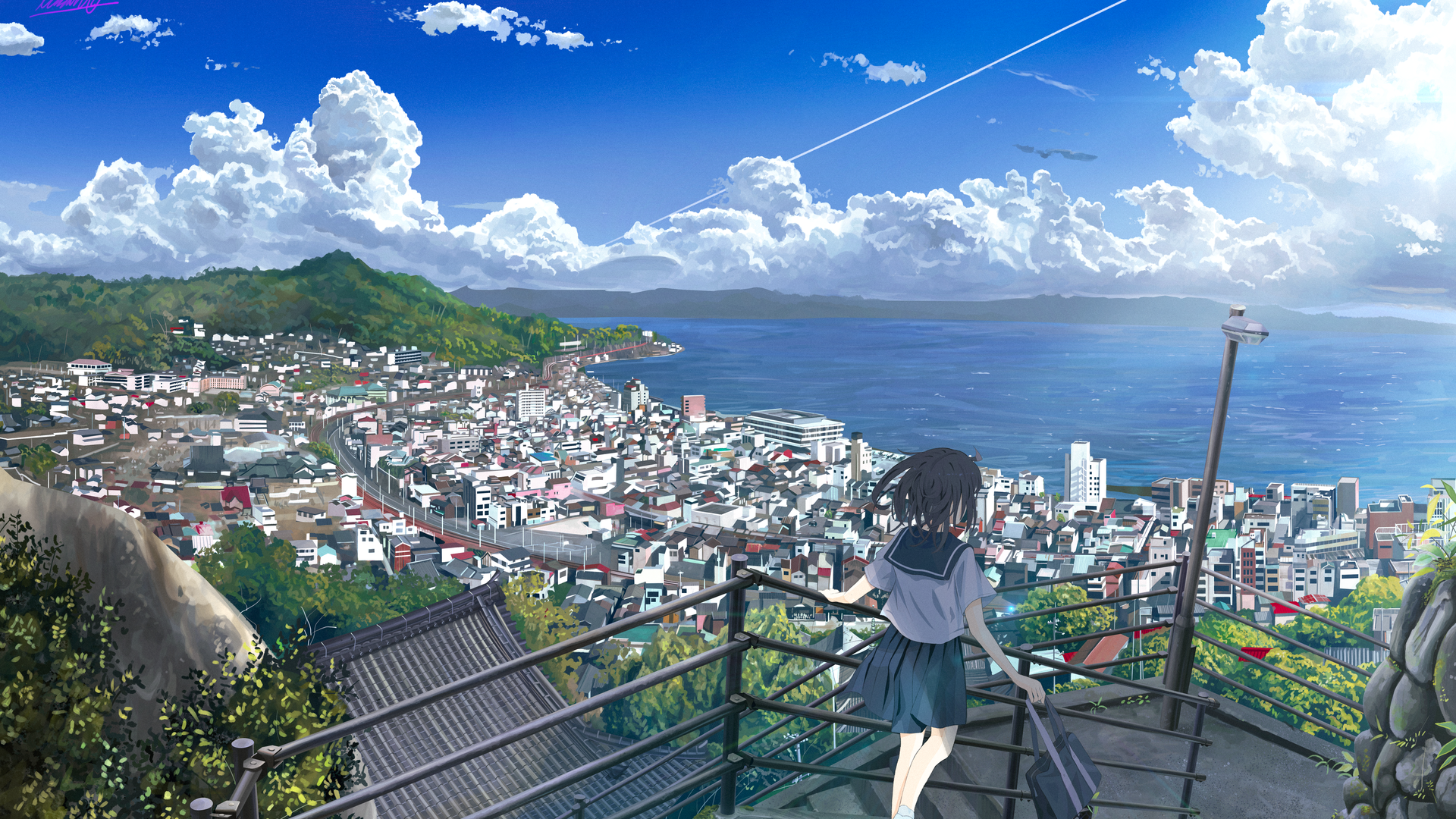 唯美城市景观 动漫女孩 楼梯 裙子 电脑 高清壁纸 4500×2800