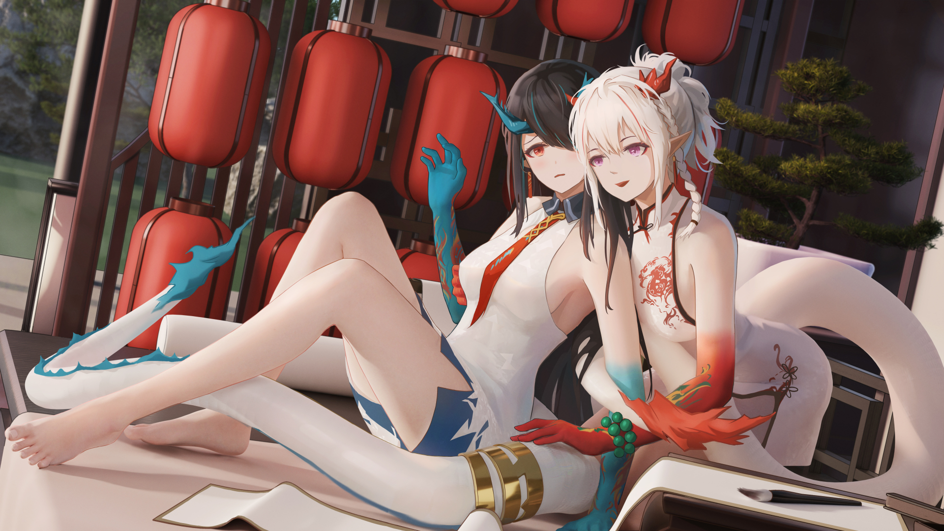 白发 红眼睛 动漫女孩 黄昏 武士 尾巴 电脑 桌面壁纸 10000×5600