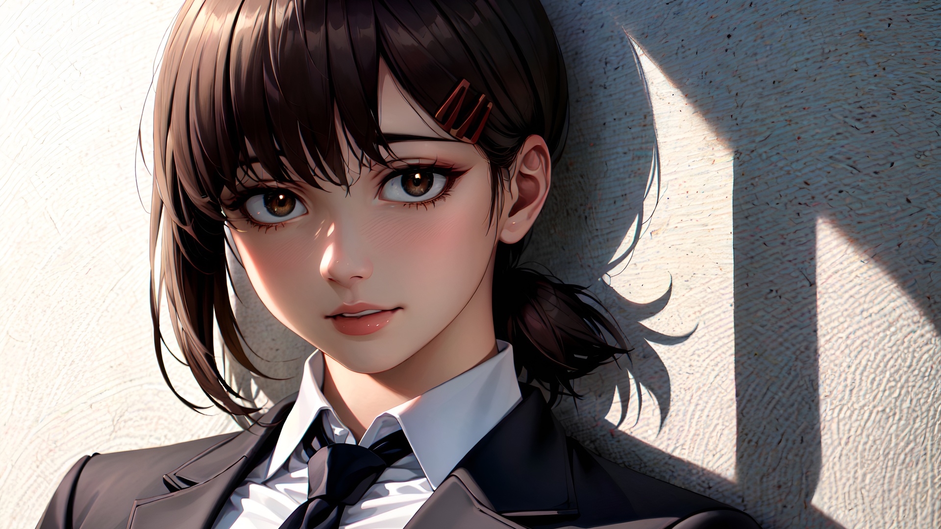 脸 黑发 领带 动漫女孩 棕色的眼睛 艺术 电脑 壁纸 4096×2388