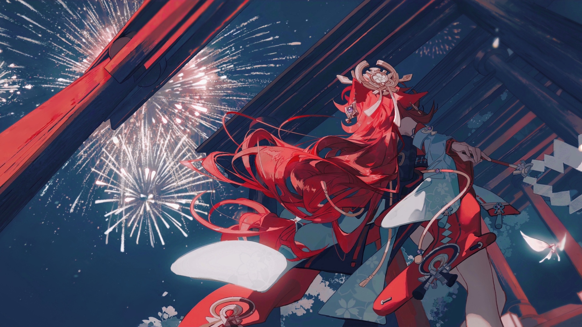 红发 长发 动漫 动漫女孩 原神 烟火 服装 电脑 4K高清壁纸 5366×2759