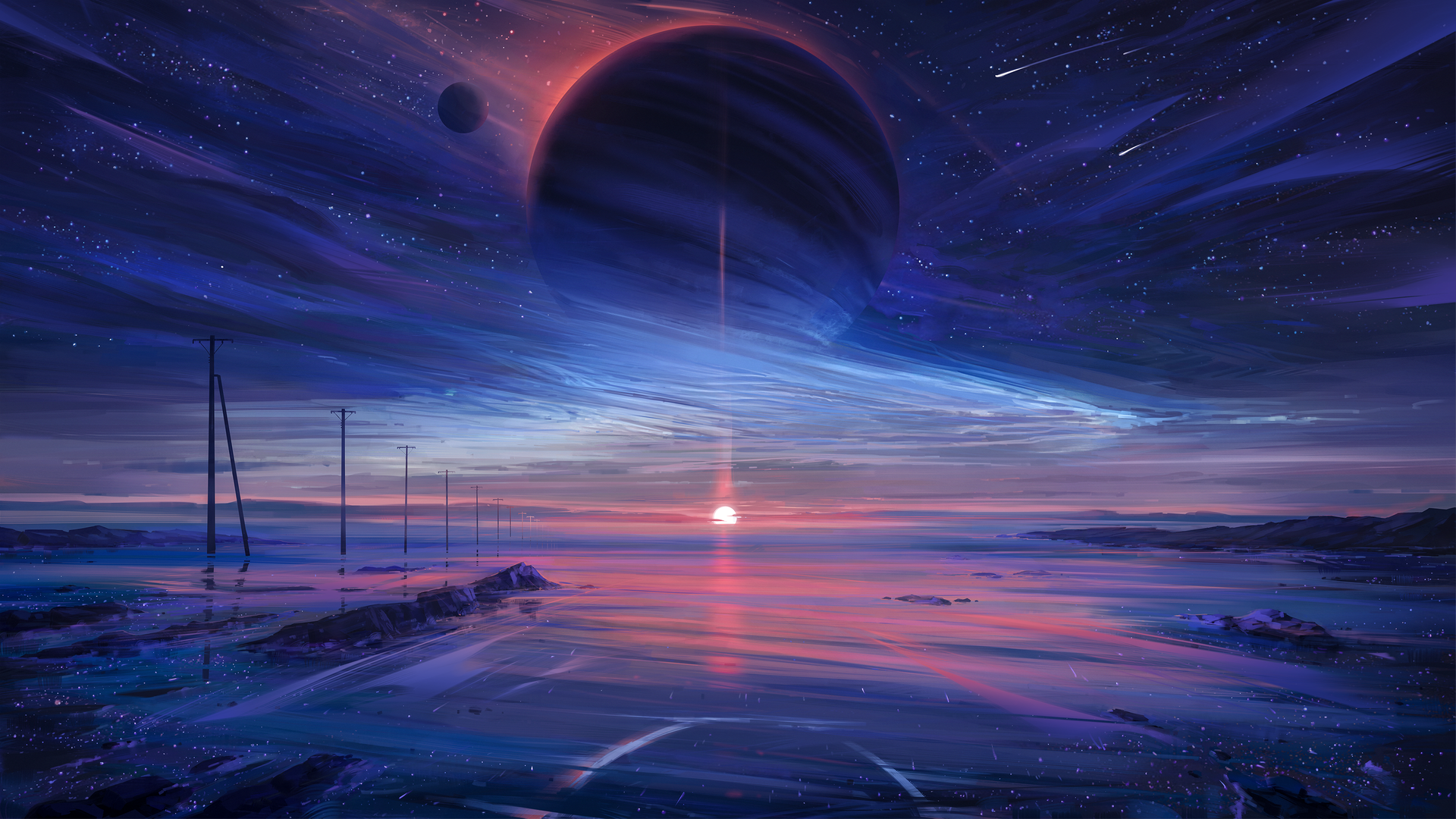 精选自然 太阳 云 星星 行星 日落 五颜六色 奇幻艺术 流星 灯柱 电脑 桌面壁纸 3840×2160