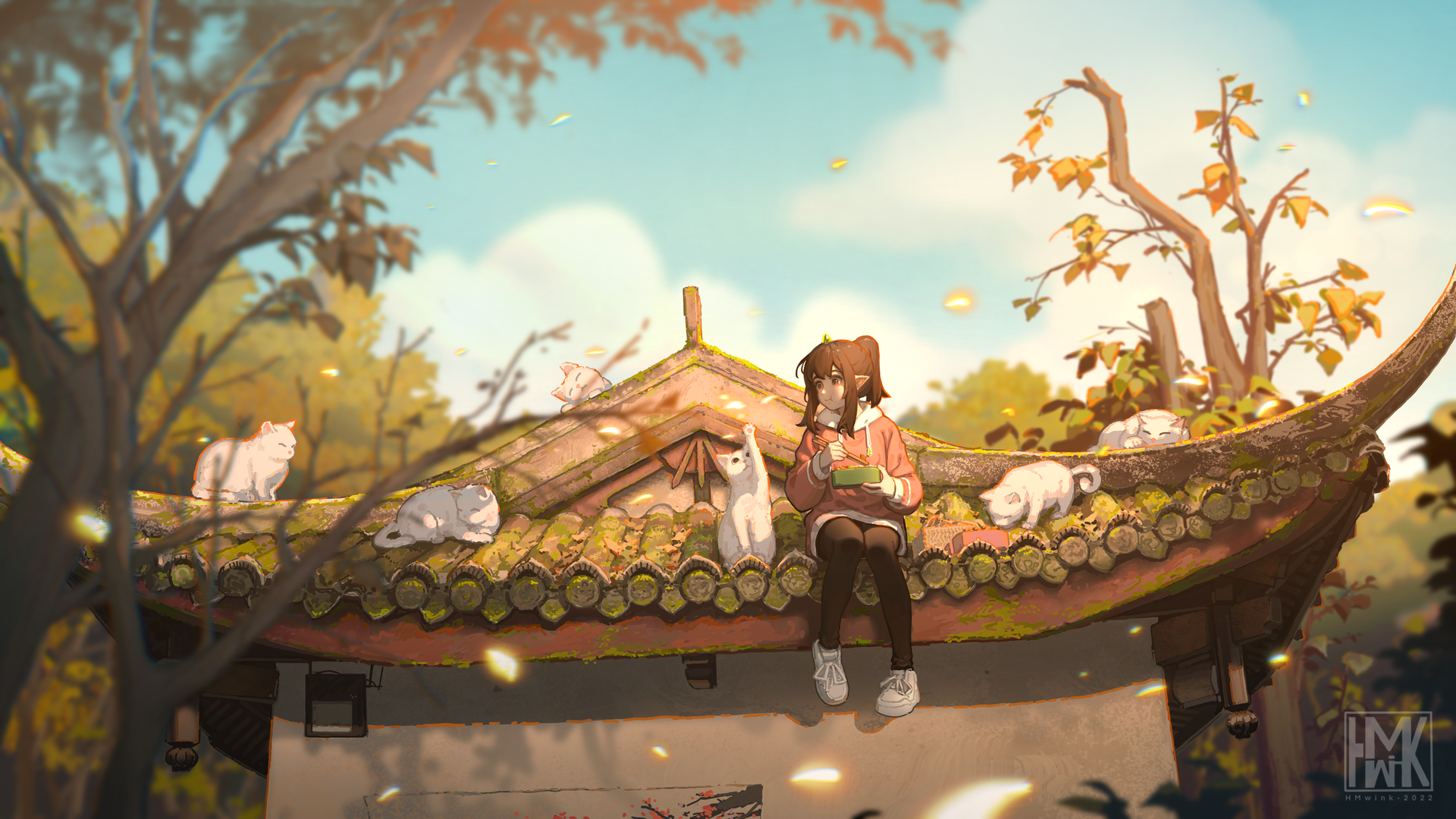 中国建筑 猫 吃 动漫女孩 兽耳 动物 电脑 桌面壁纸 4876×2743