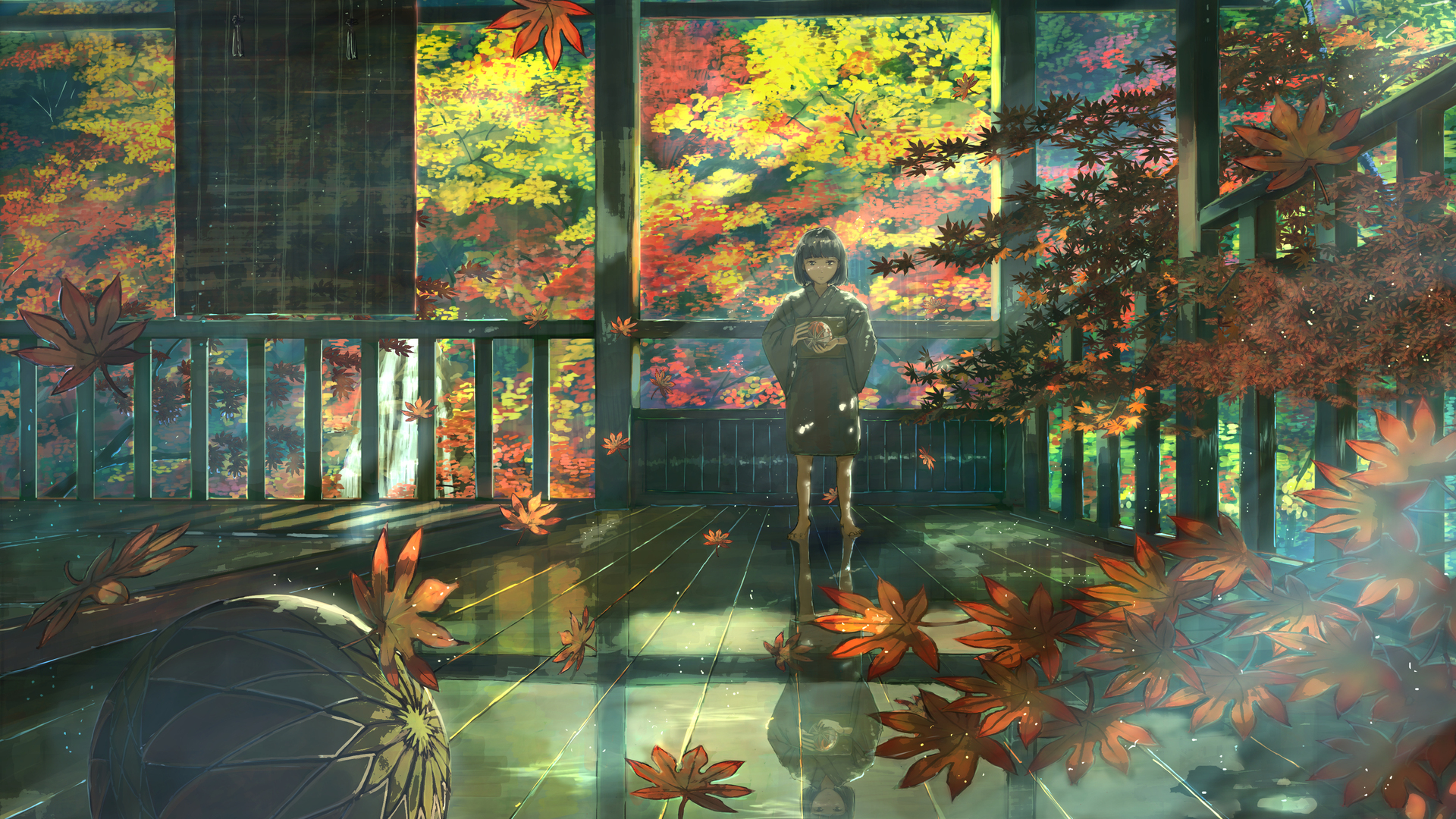 经典儿童 站立 樱花 动漫女孩 动漫 和服 球 树叶 秋天 树 倒影 阳光 插图 电脑 4K壁纸 4093×2894