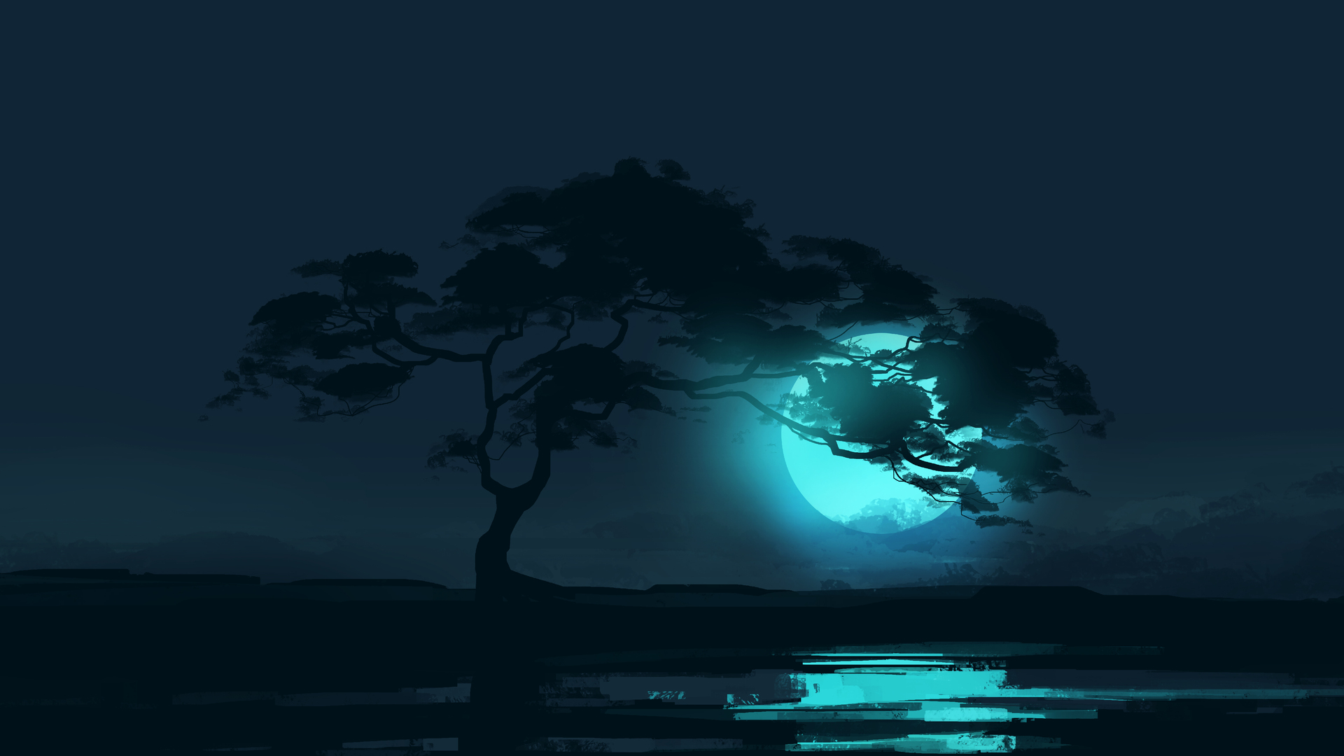 高清树木 风景 夜晚 月亮 月光 反射 极简主义 空间 稀树草原 电脑 手机壁纸 5640×2400