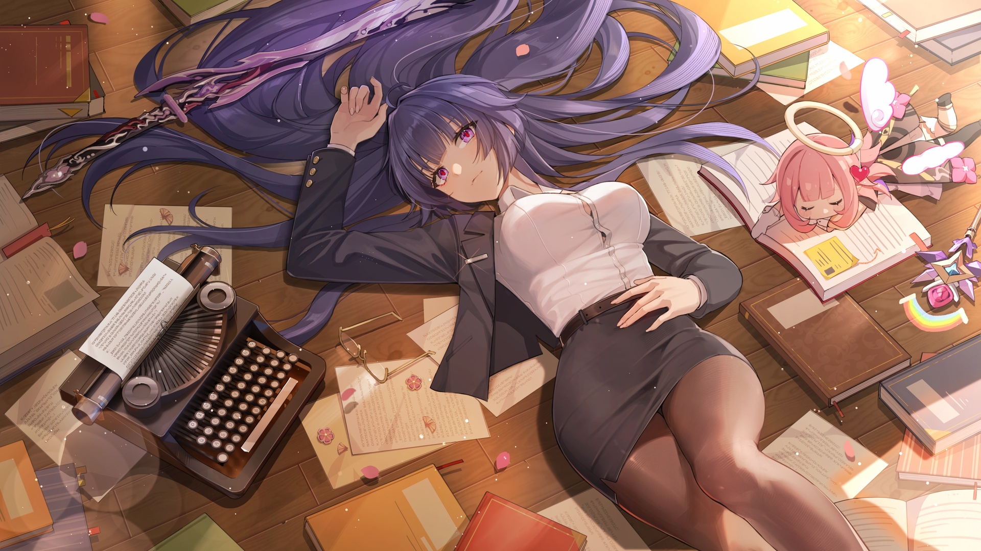 仰卧 躺着 紫色的头发 长发 动漫 动漫女孩 书籍 打字机 电脑 壁纸 3840×2160