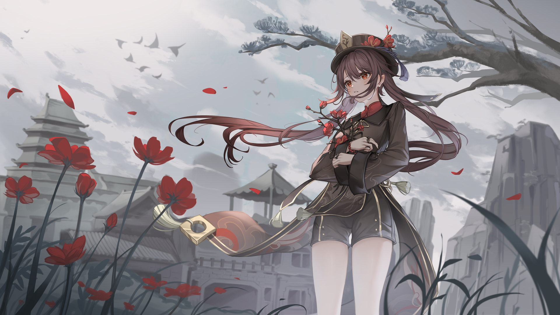 绚丽胡桃 原神 长发 动漫 动漫女孩 鲜花 花瓣 双尾 电脑 手机壁纸 3840×2160