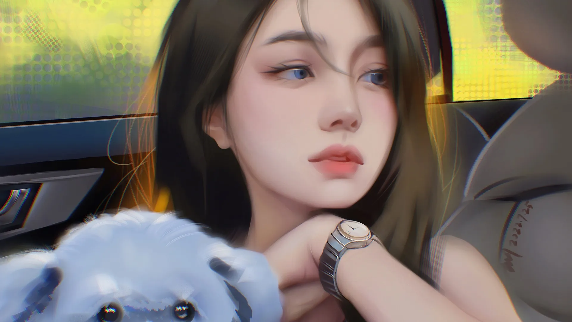 高清亚洲 蓝眼睛 女性 汽车内饰 手机 桌面壁纸 4500×6000