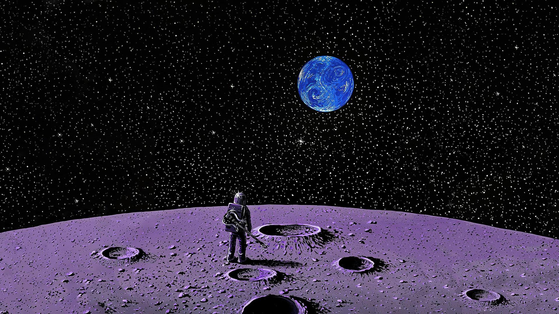 热门宇航员 太空 吉他 月亮 星星 地球 陨石坑 电脑 手机壁纸 3840×2160