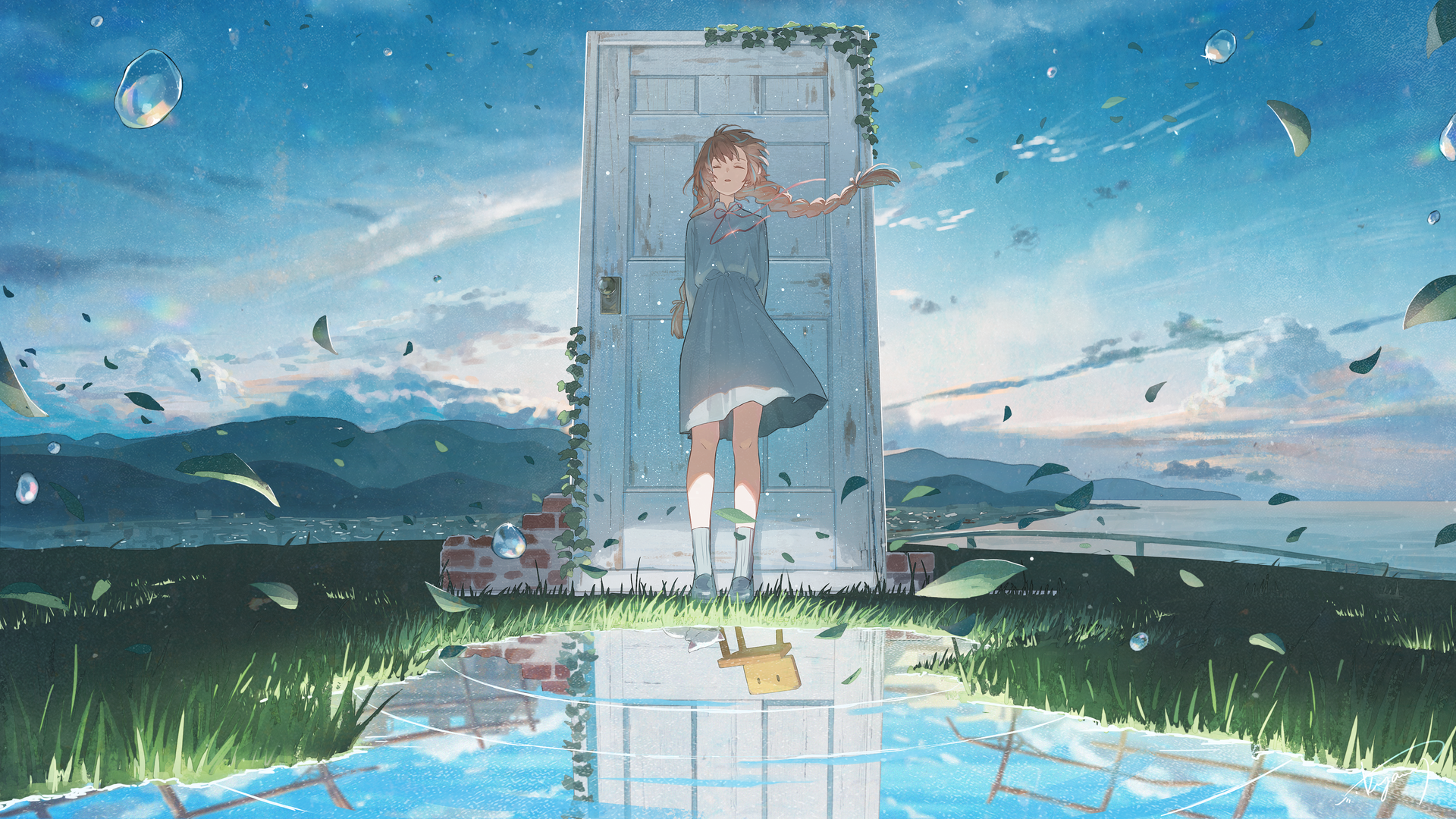 黑发 动漫 动漫女孩 插图 连衣裙 天空 草 水 树叶 电脑 壁纸 4800×2700
