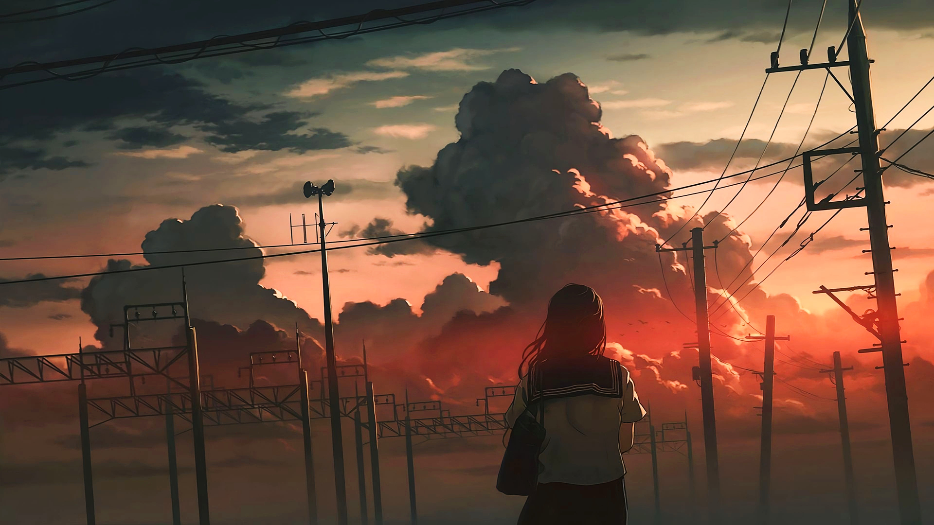 热门女学生 图片 日落 动漫女孩 云 天空 校服 夕阳辉光 电脑 手机壁纸 3840×2160