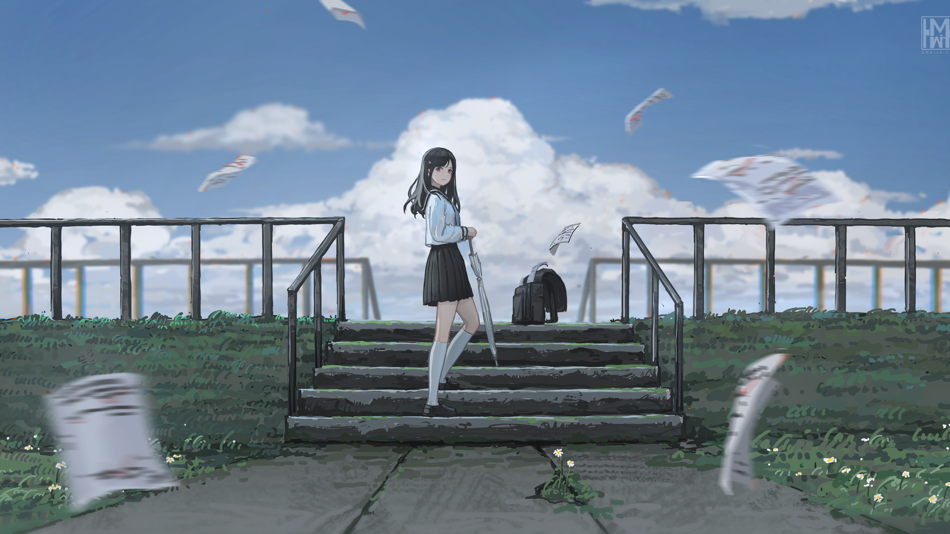 黑发 校服 云 晴空 伞 台阶 褶裙 白袜子 齐膝 动漫女孩 电脑 壁纸 5308×2800