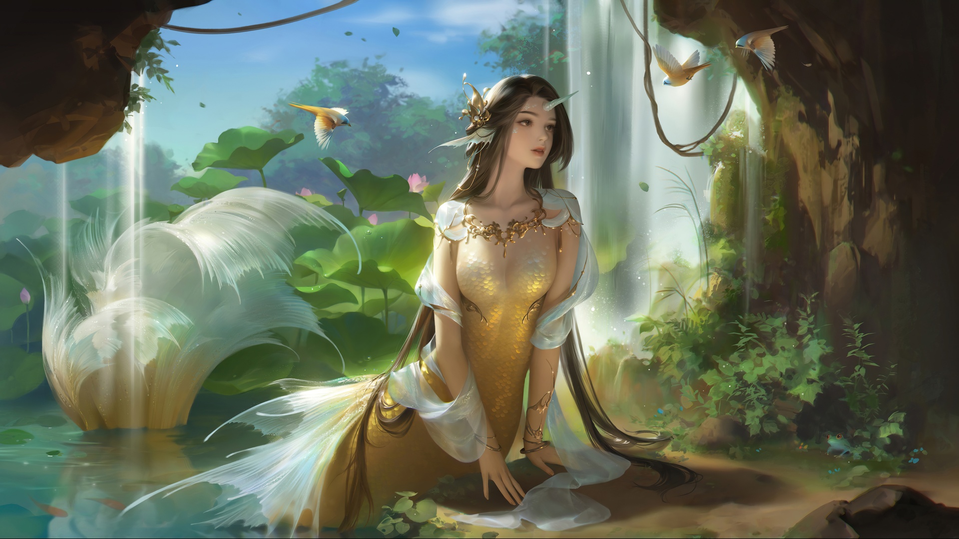 热门女人 梦幻女孩 美人鱼 梦幻艺术 AI艺术 生物 鸟 瀑布 植物 电脑 高清壁纸 5120×2880