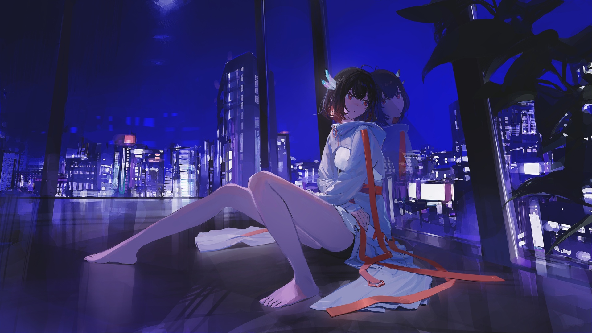 原创人物 赤脚 短发 深色头发 红眼睛 动漫女孩 夜晚 城市风光 电脑 壁纸 4096×2304