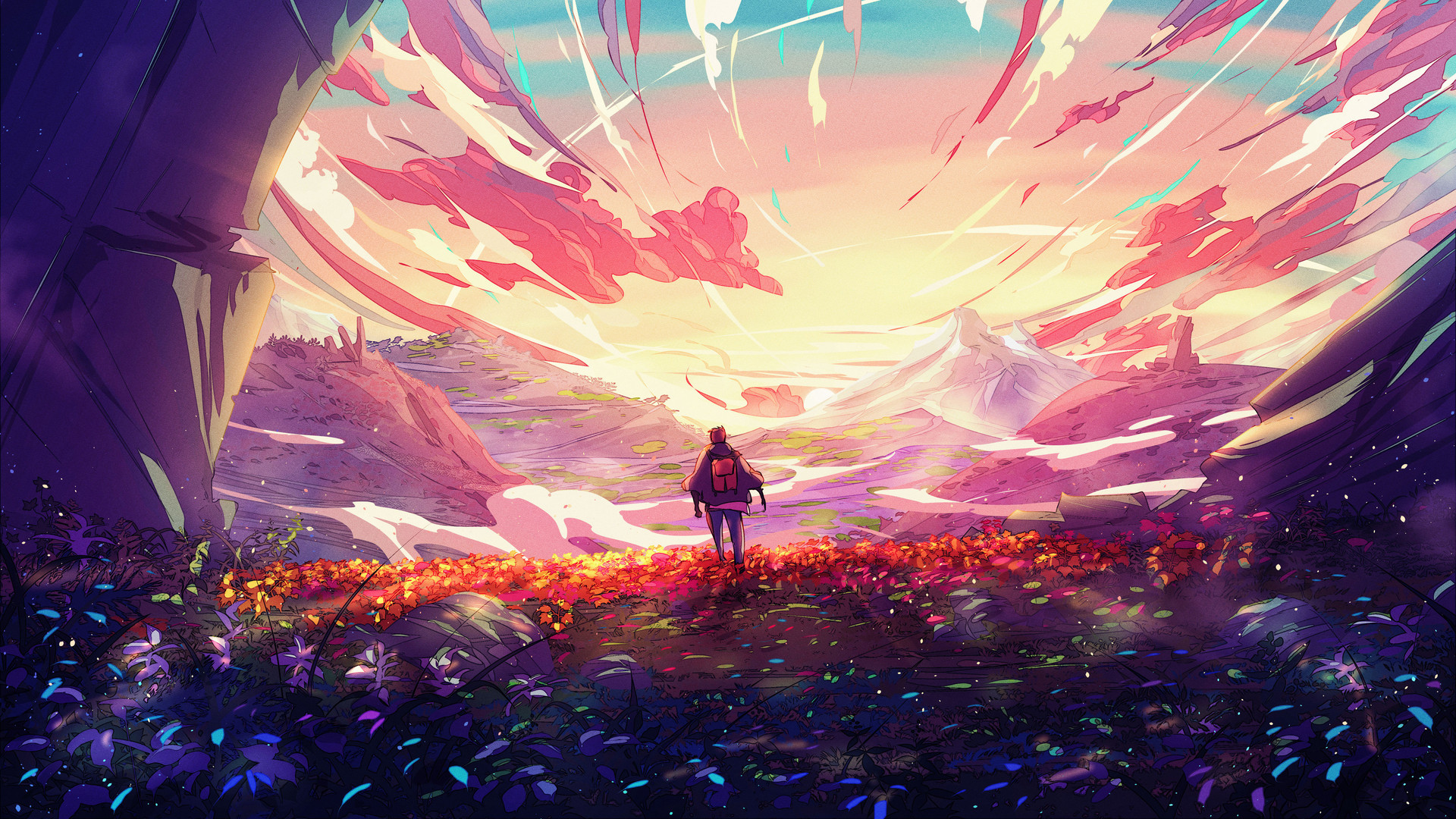 AI艺术 奇幻艺术 背包 云 日出 鲜花 山脉 电脑 无水印壁纸 3840×2160