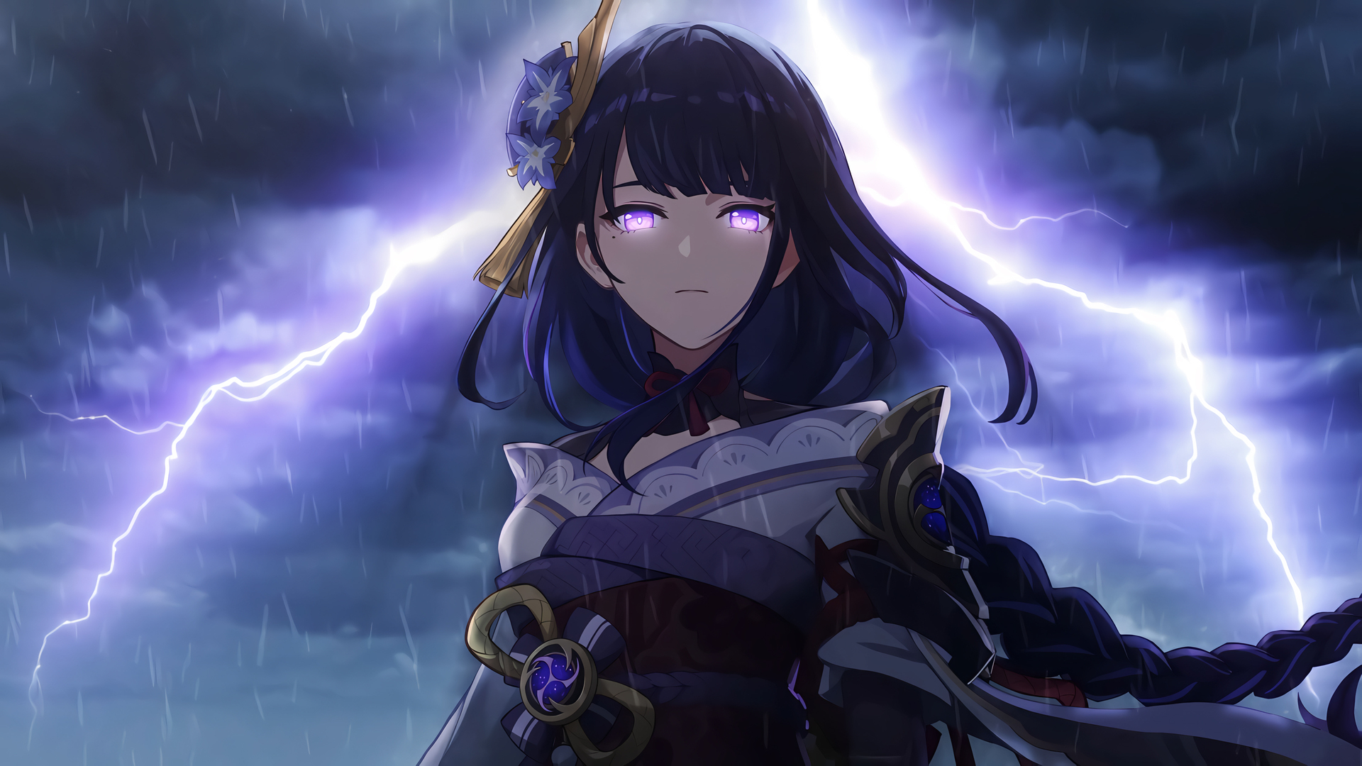 紫色头发 黑痣 辫子 雷登幕府 原神 闪电 雨 动漫女孩 数码灯光 紫色眼睛 和服 电脑 4K高清壁纸 3840×2160