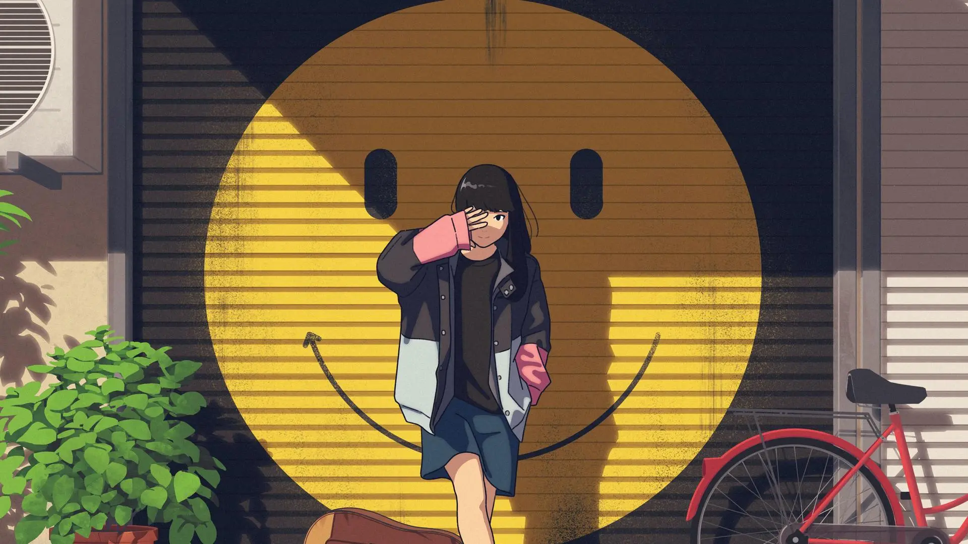 站立 动漫 街道 倒影 自行车 微笑 壁纸 4800×4800