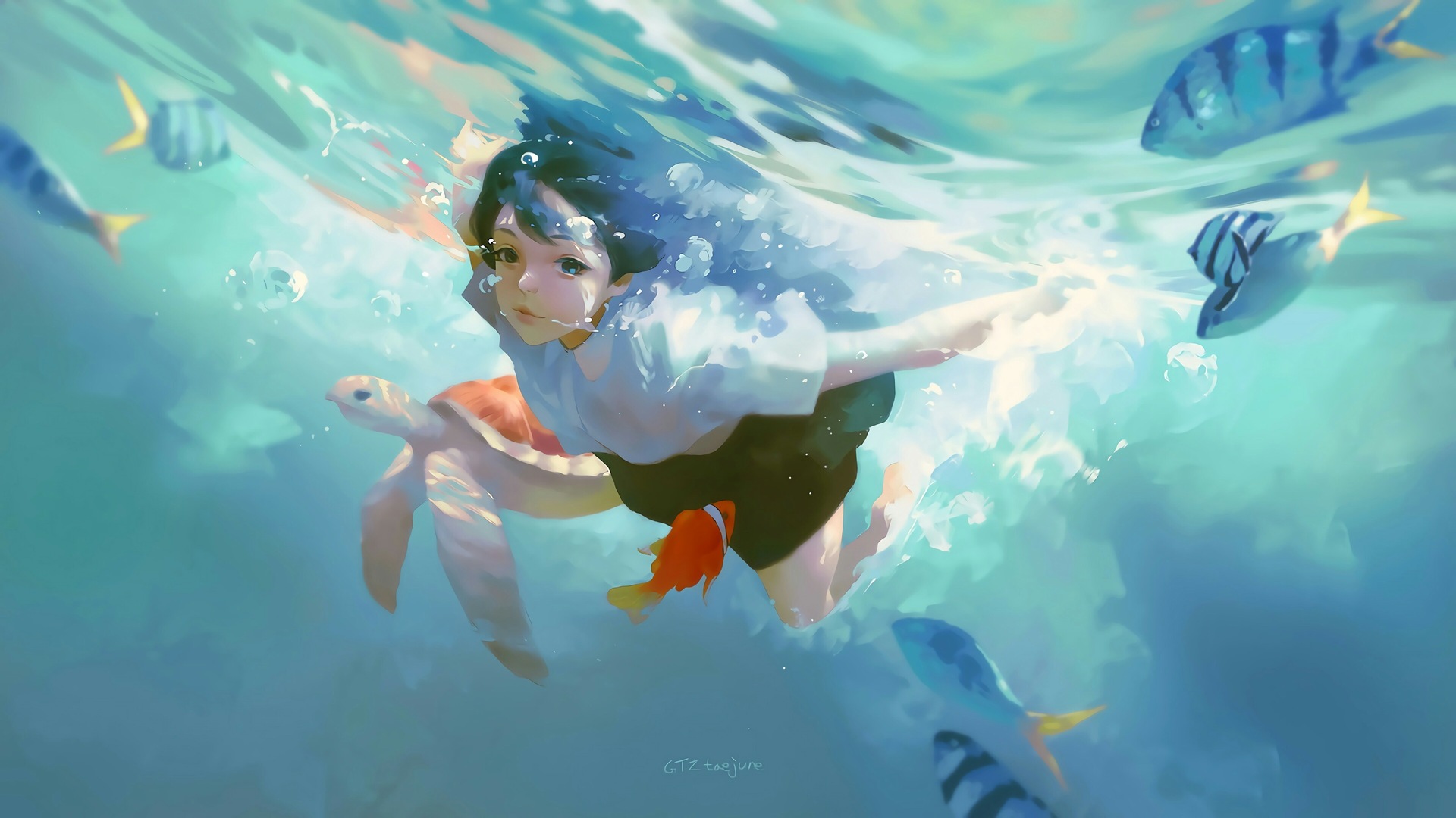 女人 深色头发 游泳 乌龟 鱼 插图 动漫女孩 电脑 4K高清壁纸 3840×2160