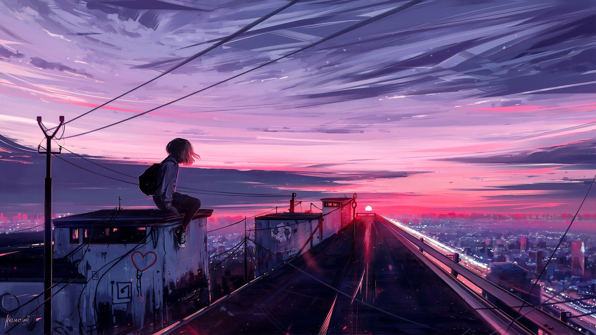 唯美AI艺术 城市 城市景观 太阳 天空 云 道路 动漫女孩 电脑 壁纸 3840×2160