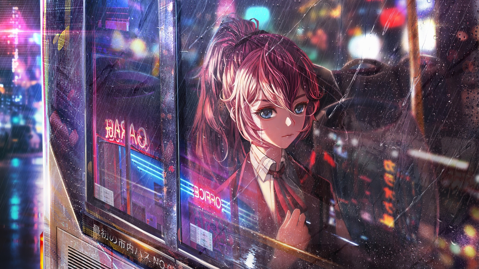 绝美马尾辫 蓝眼睛 动漫女孩 城市灯光 雨 窗户 电脑 手机壁纸 3840×2160