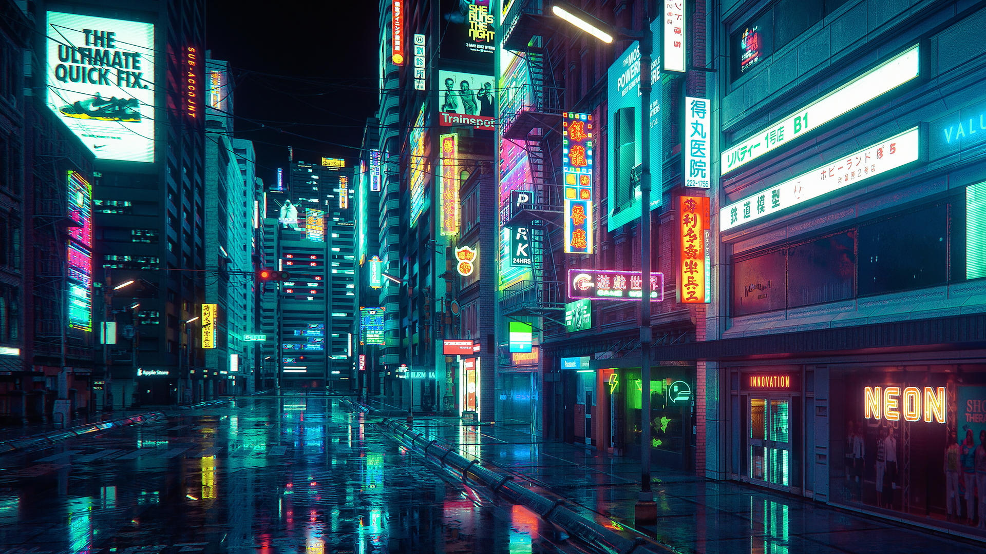 高清城市 建筑 街道 夜晚 赛博朋克 电脑 无水印壁纸 3840×2160