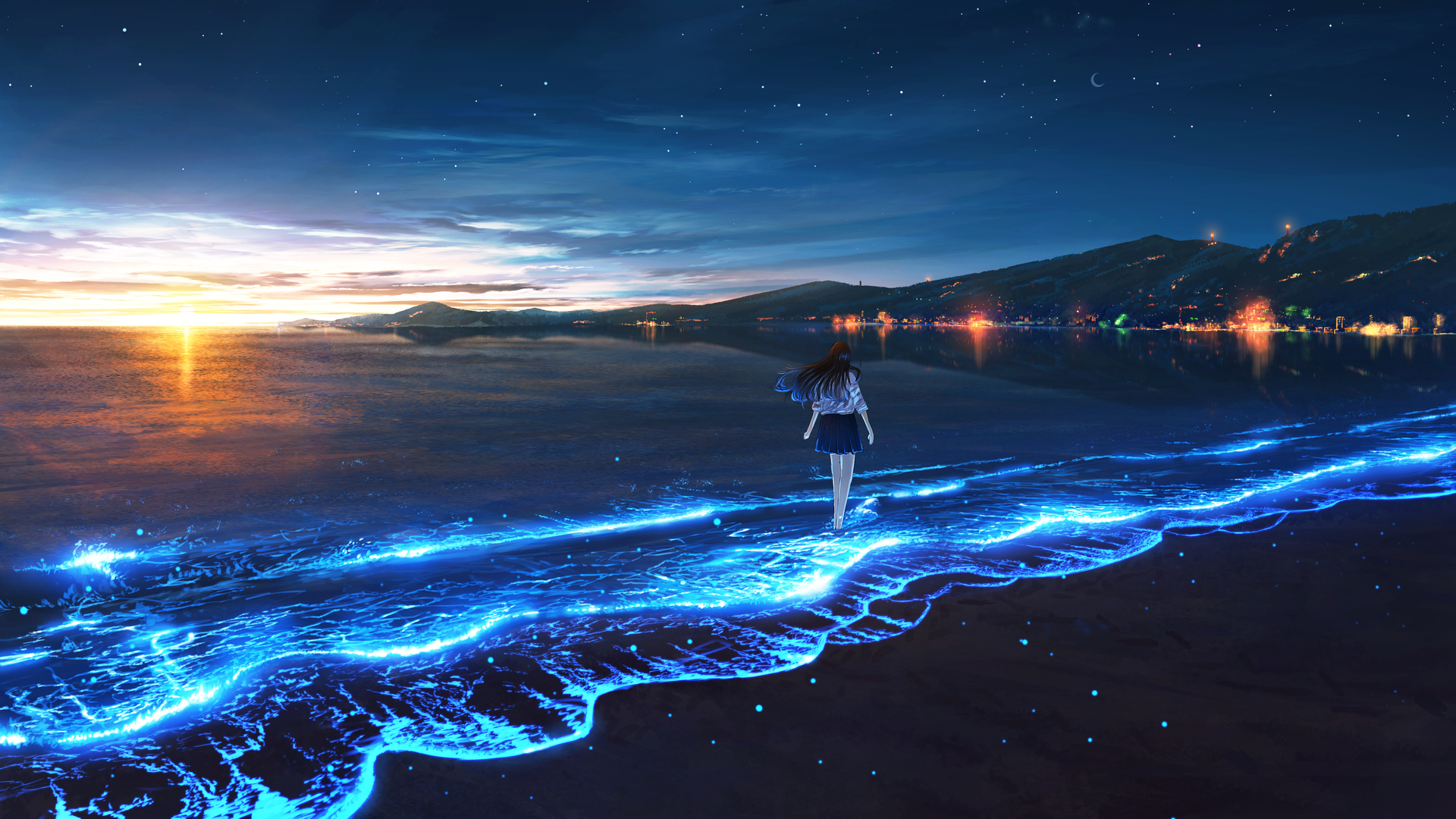 精选日落 海滩 海水 海洋 生物发光 电脑 壁纸 5120×2880