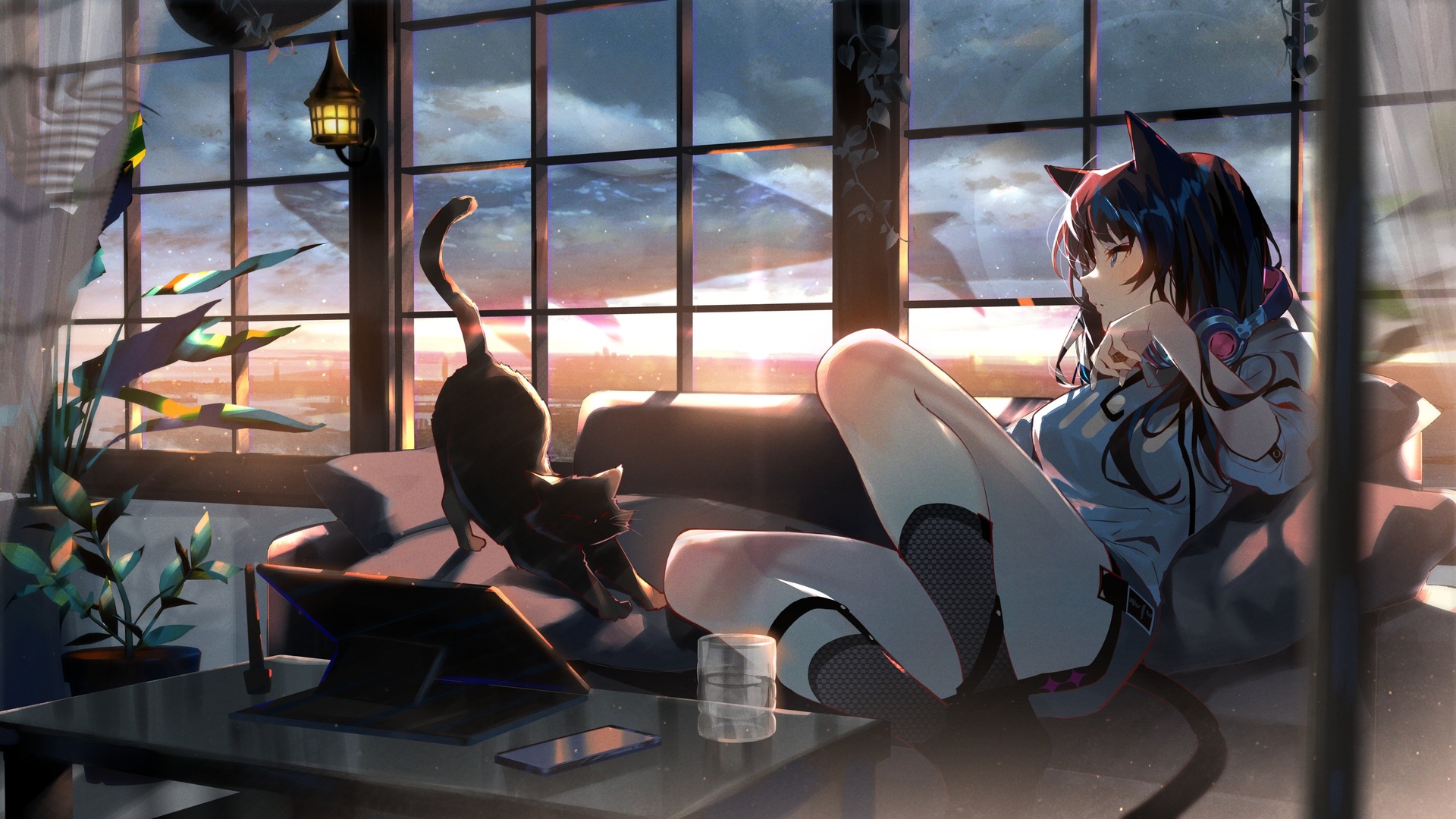 猫女孩 原创人物 黑发 动漫女孩 黑猫 房间 窗户 电脑 4K高清壁纸 4096×2304