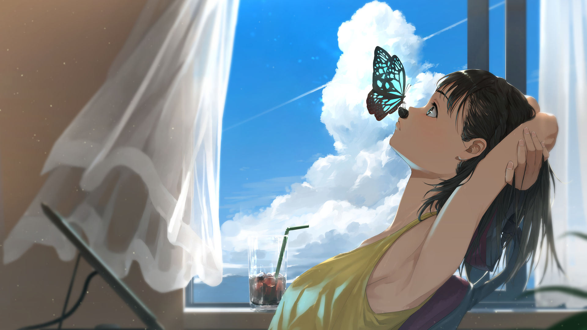 蓝眼睛 动漫 动漫女孩 黑发 背心 蝴蝶 窗户 天空 电脑 4K壁纸 5616×3508