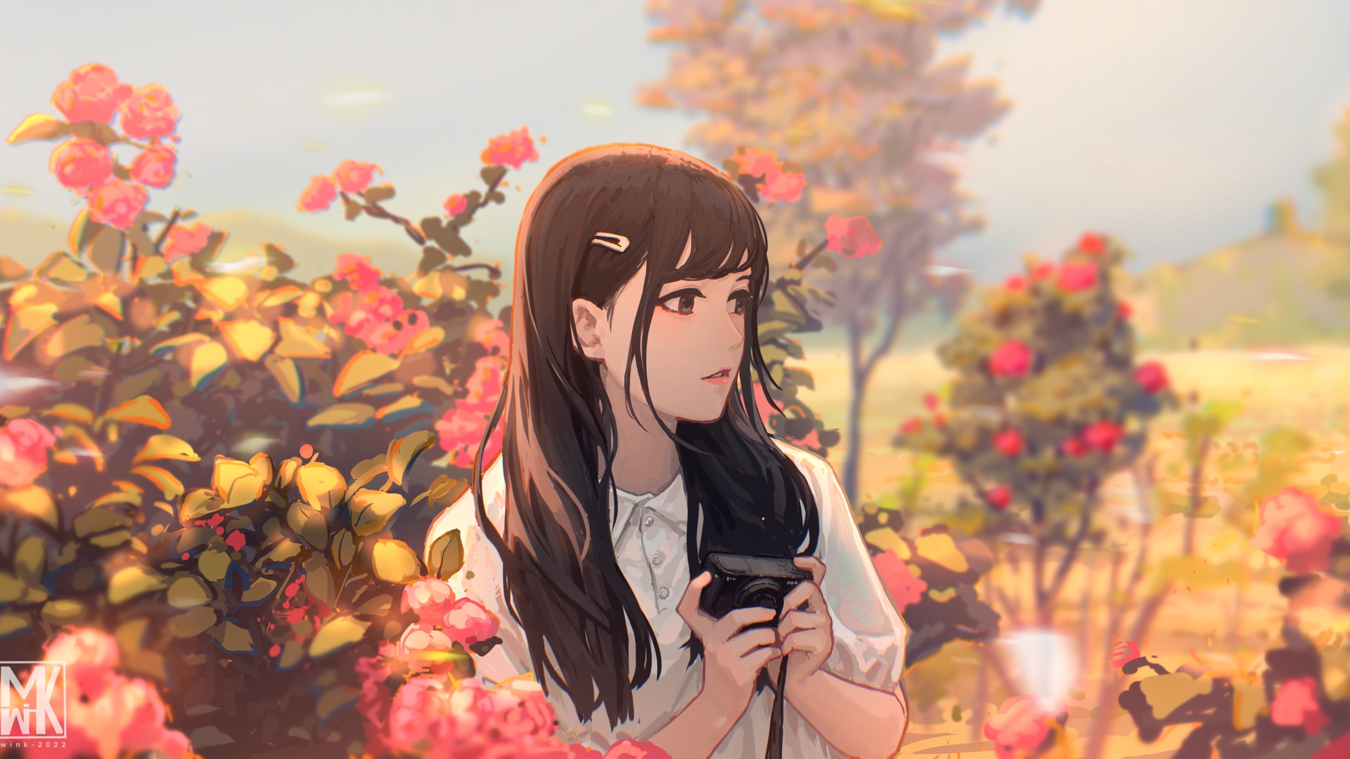 经典长发 黑眼睛 插图 花朵 阳光 黑发 电脑 壁纸 5337×2800