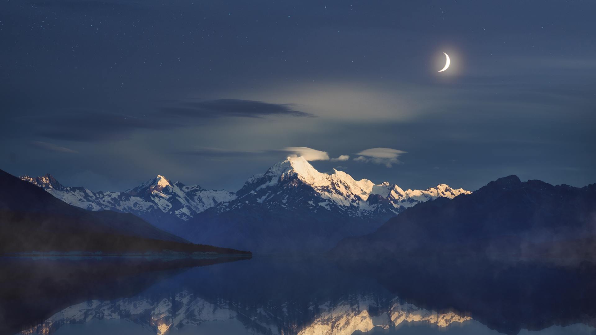 高清摄影 反射 风景 夜晚 夜景 新西兰 库克山 月亮 山 峰 湖 水 电脑 桌面壁纸 6000×4000