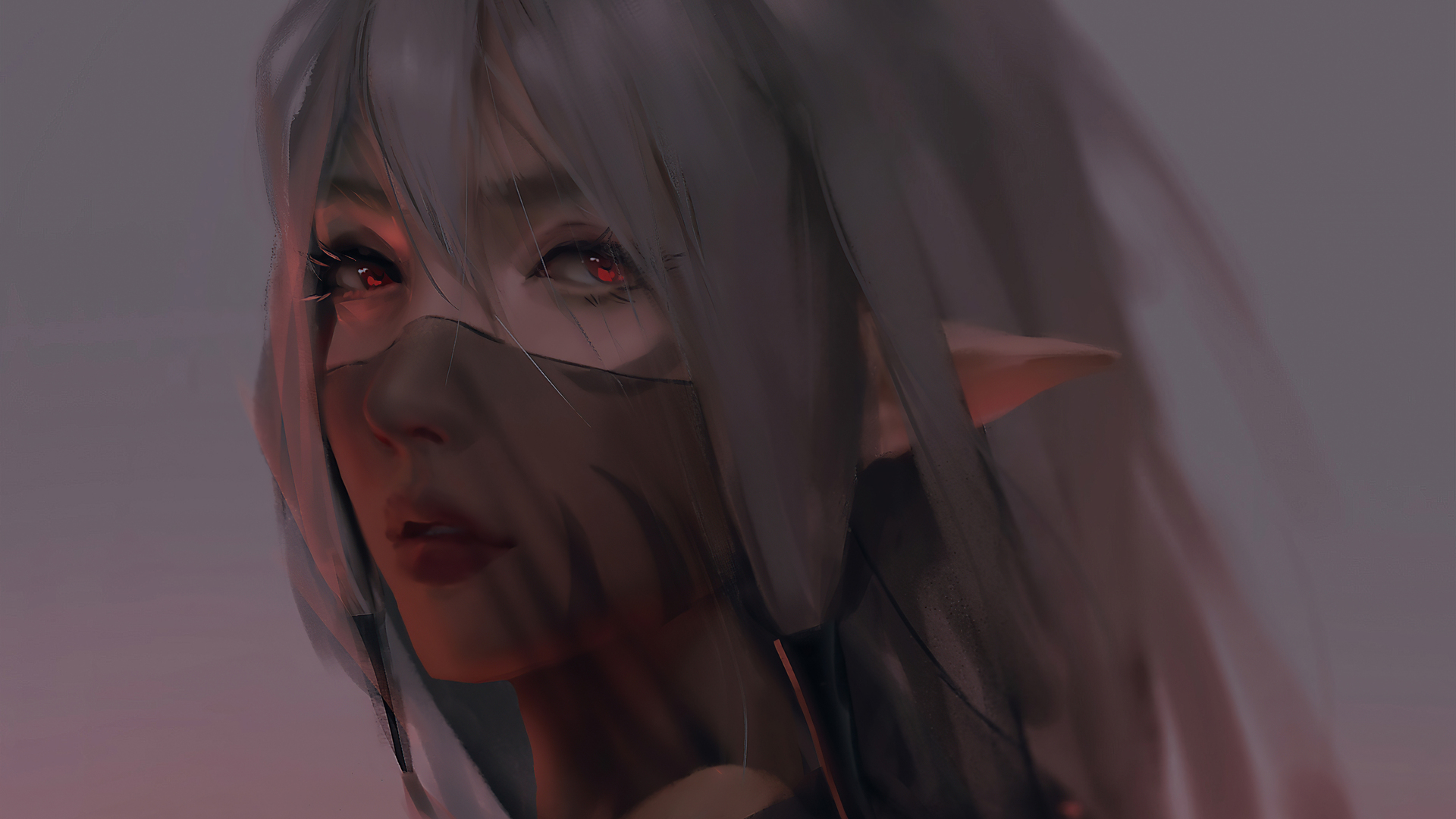 热门红眼睛 女人 面纱 兽耳 灰色头发 电脑 高清壁纸 3840×2160