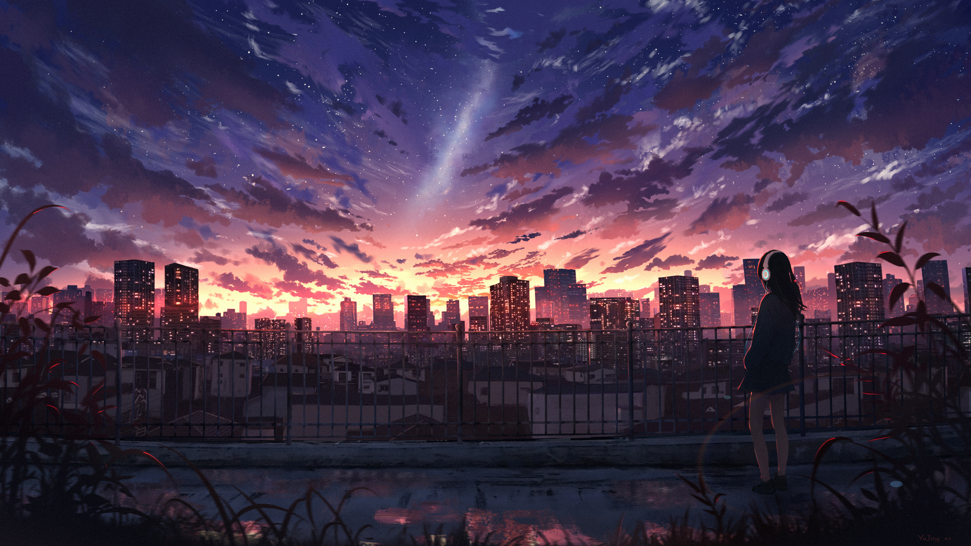 天空 城市景观 耳机 城市 摩天大楼 云 星星 日落 AI艺术 电脑 壁纸 3840×2160